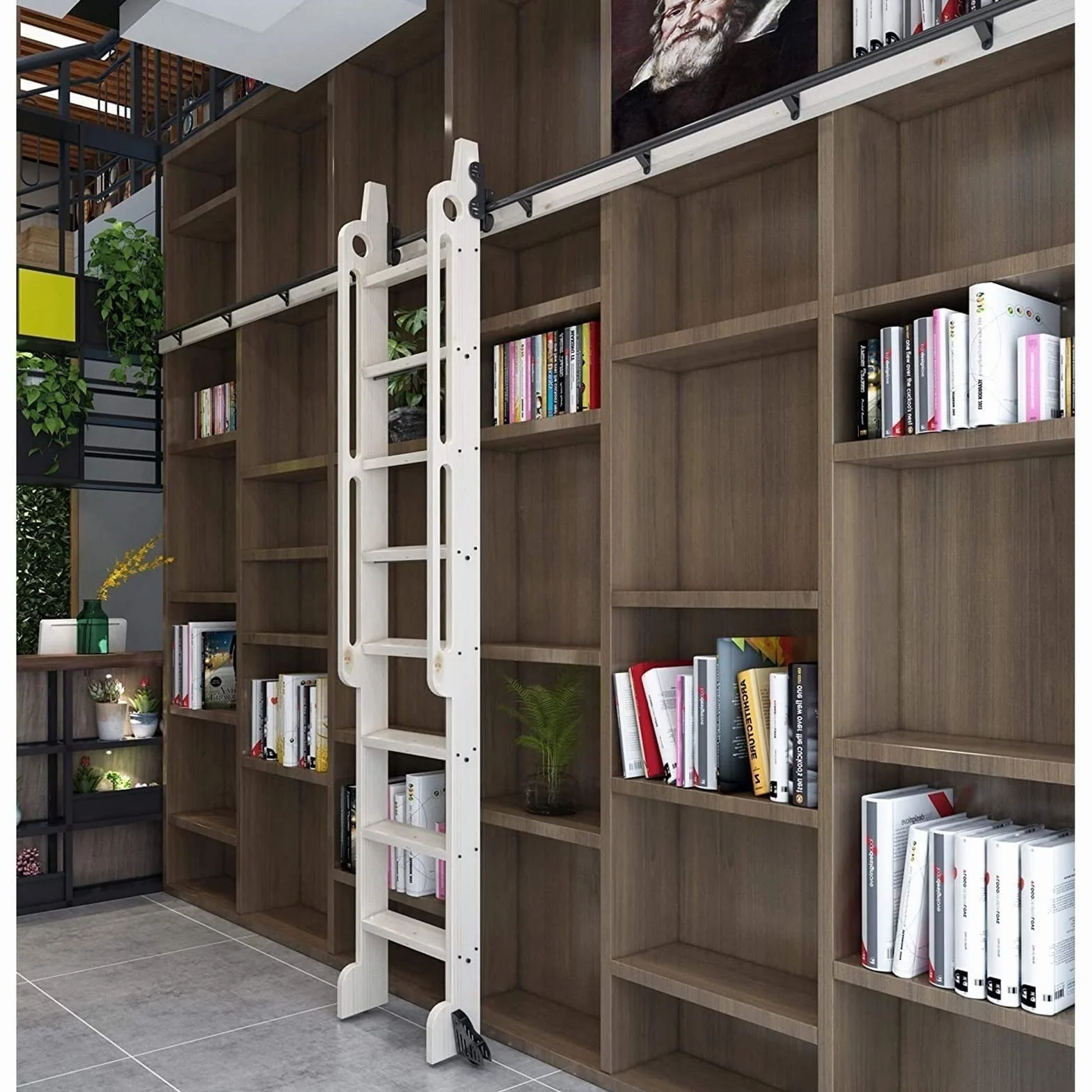Zestaw sprzętu do biblioteki z odwracalną rolkową drabinką biblioteczną Przesuwny sprzęt biblioteczny z torem rolkowym (bez drabiny) z rolką podłogową, może być umieszczony pionowo, nie zajmuje