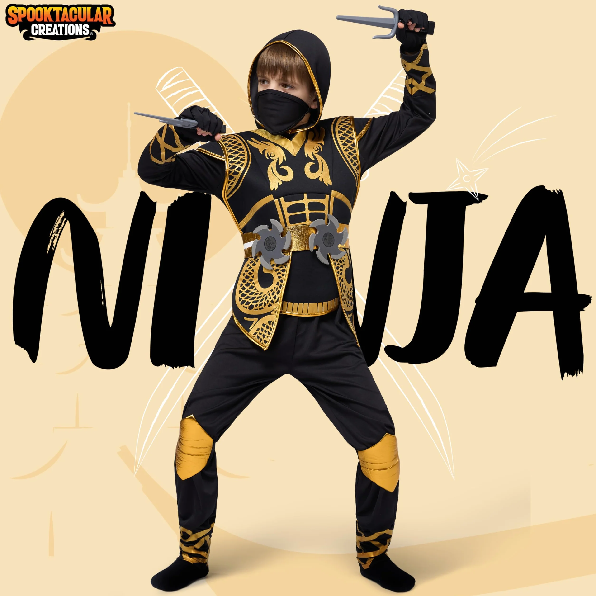 Spooktacular Creations Złoty kostium wojownika ninja dla dzieci, małych dzieci, chłopców