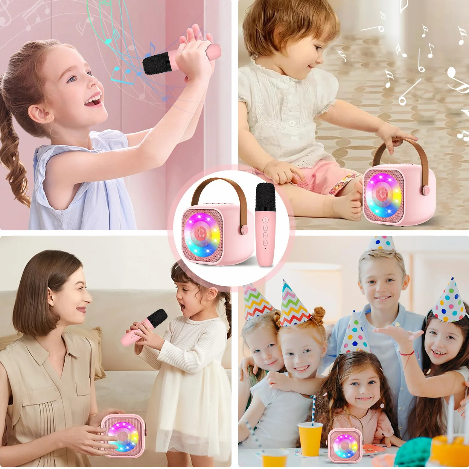 Przenośna maszyna do karaoke Bluetooth z 2 bezprzewodowymi mikrofonami, LED, dla dzieci 3-18 lat