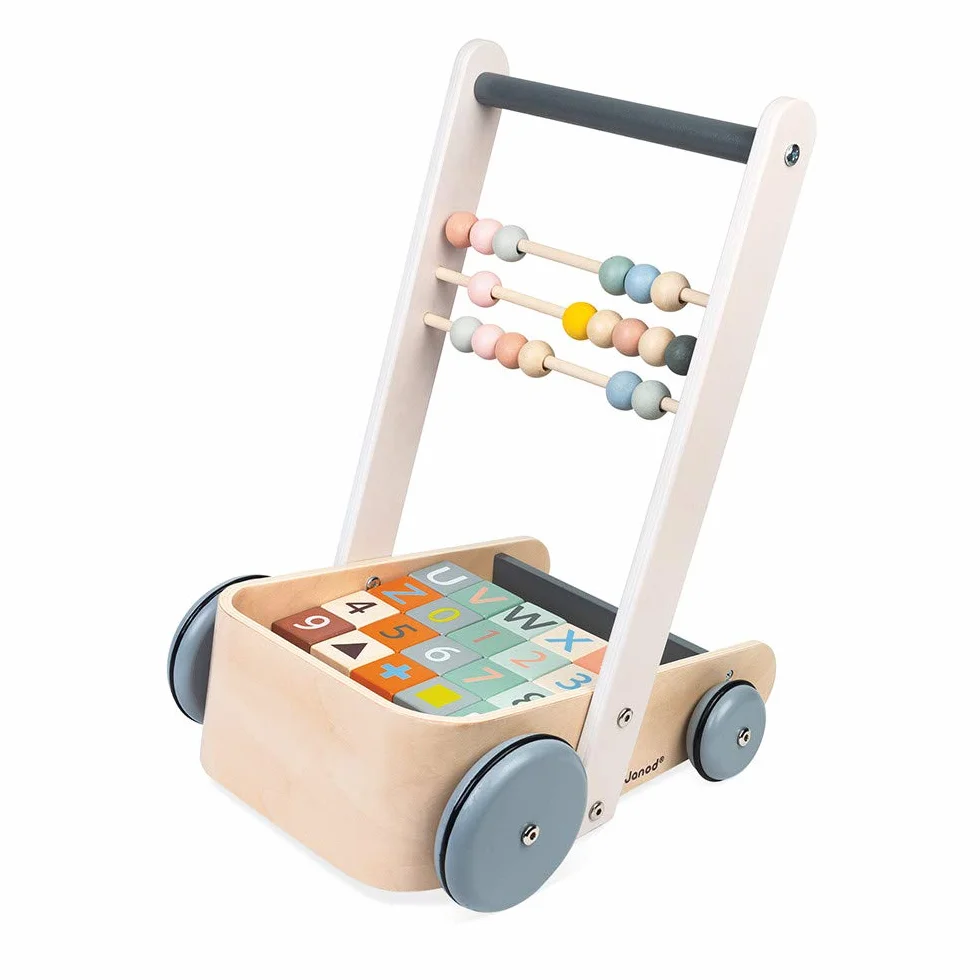 Janod - Sweet Cocoon Abc Buggy - Wooden Walking and Activity Cart - with 20 Alphabet Cubes, Numbers and Shapes Blocks + 3 Abacus Rows - Water Based Paints - from 1 Year Old, J04408