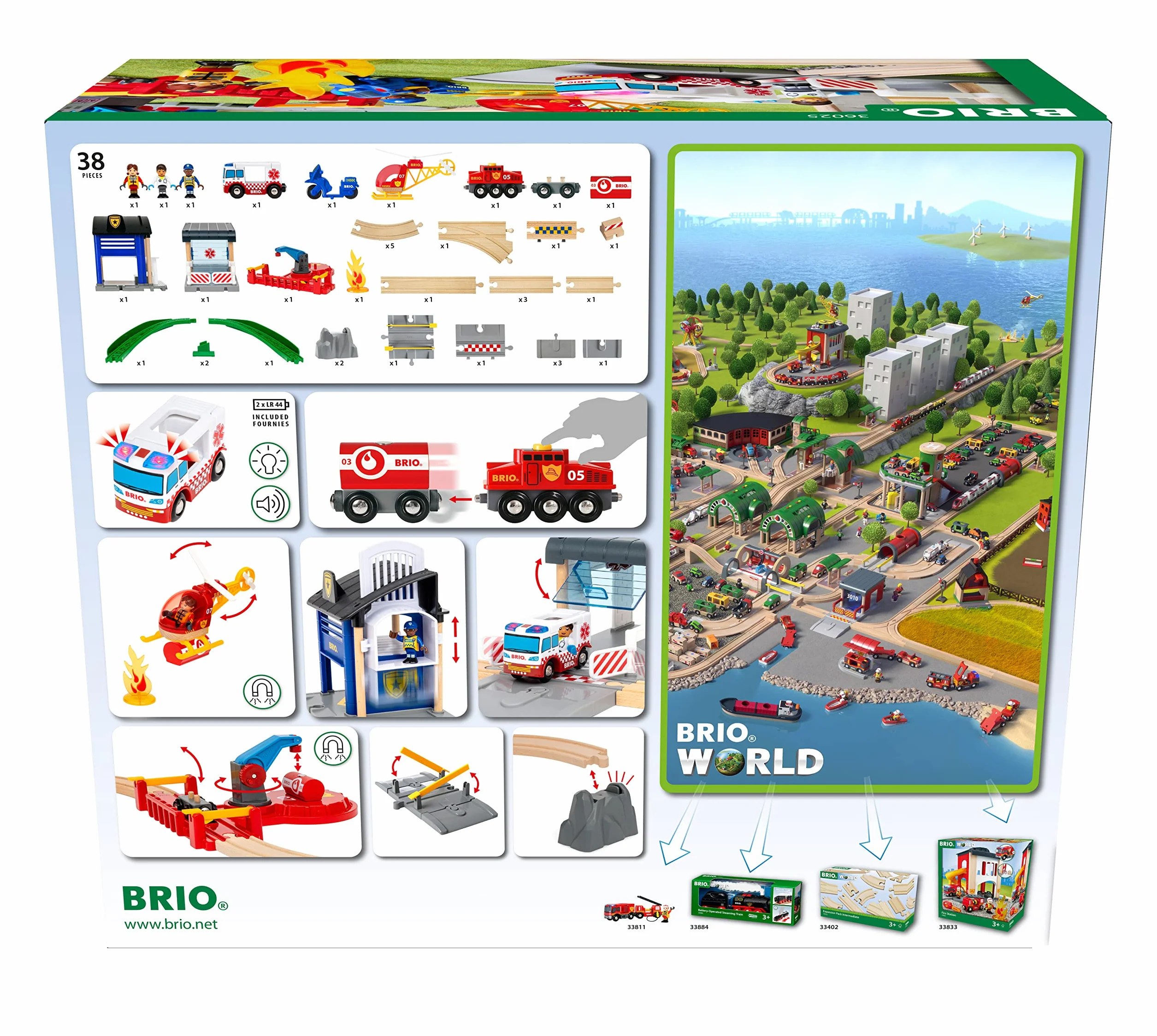 BRIO World 36025 Deluxe Zestaw Policji i Straży Pożarnej - duży zestaw ratowników z posterunkiem policji, pociągiem strażackim, śmigłowcem strażackim i karetką pogotowia - zalecany dla dzieci w wieku 3 lat i starszych