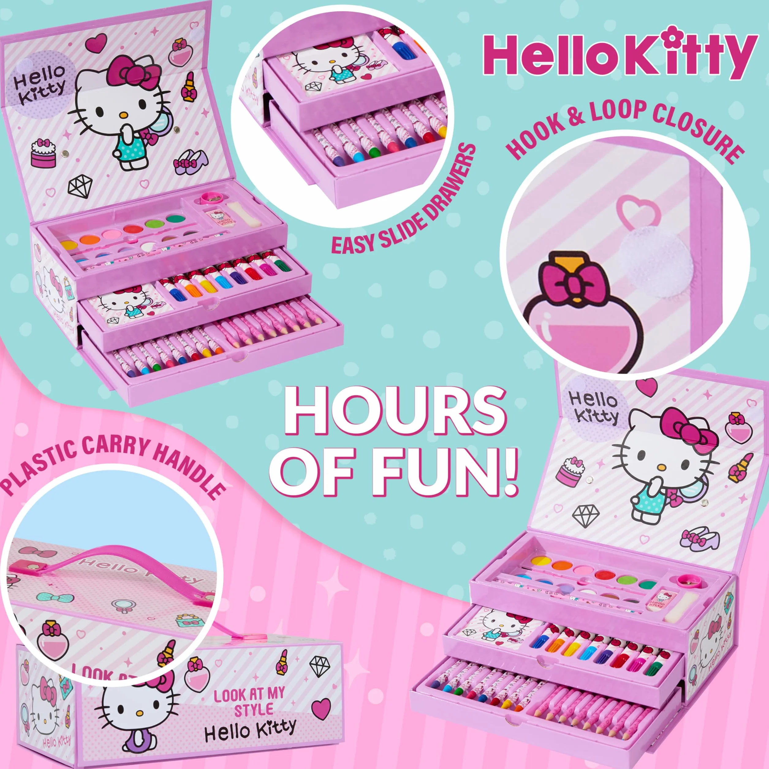Hello Kitty Zestaw artystyczny do malowania dla dzieci, rysowanie, kolorowanie, anime, artykuły pa, w walizce podróżnej, prezenty kawaii dla dziewcząt (różowy Hello Kitty 3 poziomy)