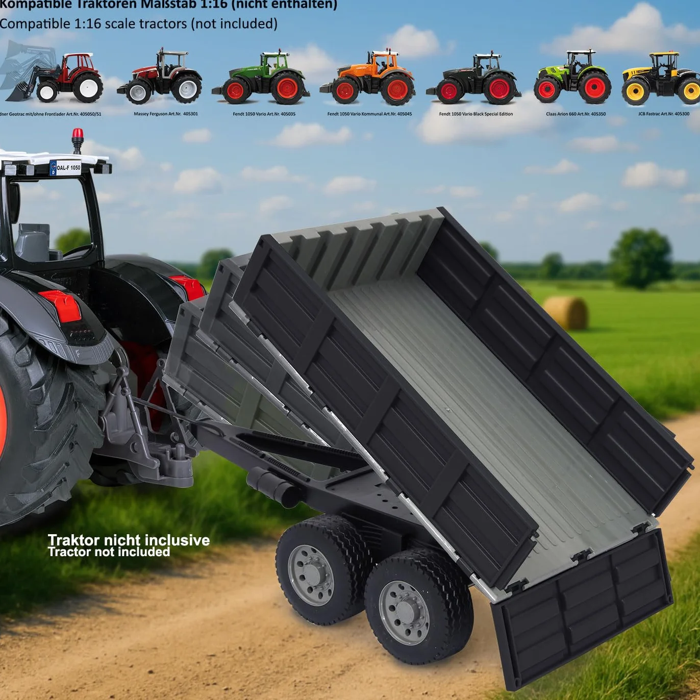 JAMARA 423282 wywrotka czarna do traktora RC 1:16 - akcesoria rolnicze, dodatek, wtyczka RC, pomysł na prezent dla dzieci, powierzchnia ładunkowa ręczna w górę/w dół, wytrzymałe tworzywo sztuczne