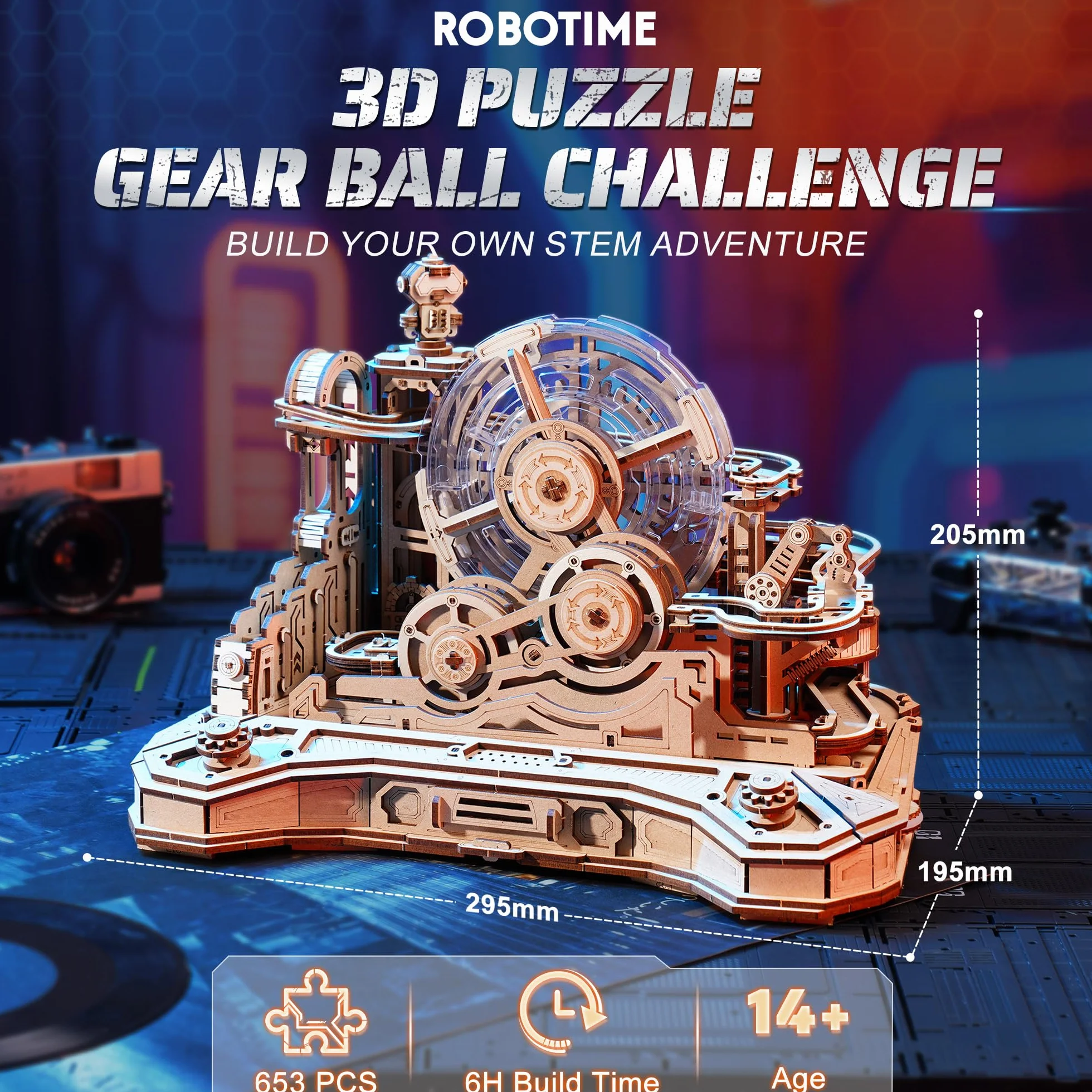 ROBOTIME Drewniane puzzle 3D Gear Ball Challenge - mechaniczny zestaw modeli labiryntu dla dorosłych i nastolatków, 653 szt. zabawka prezent STEM, projekt kontrolera do gier, EGC01