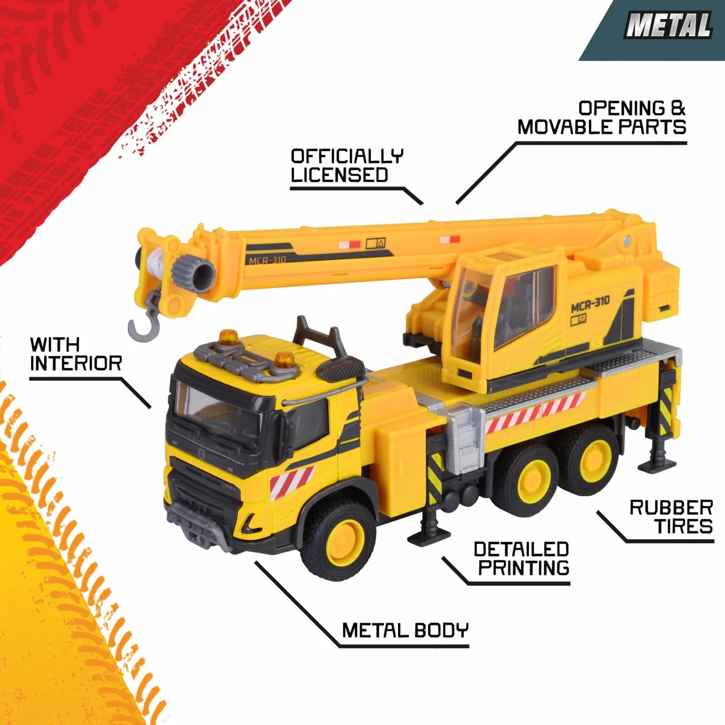 Majorette Wózek dźwigowy Volvo FMX Truck Crane (22 cm) – duży pojazd budowlany z wysuwanym ramieniem dźwigowym, wciągarką linową, wolnym biegiem i gumowymi oponami, zabawka dla dzieci od 3 lat