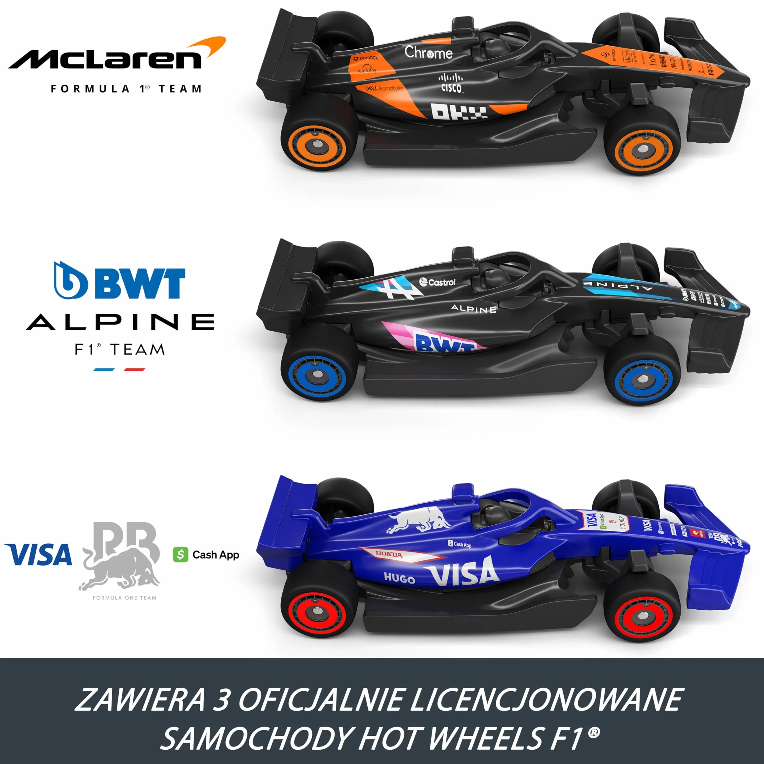 Hot Wheels Tor wyścigowy Formuła 1 Sprint F1 Zestaw 3 samochody metalowe 1:64 McLaren Alpine VCARB zabawka dla dzieci 4+ JDY15