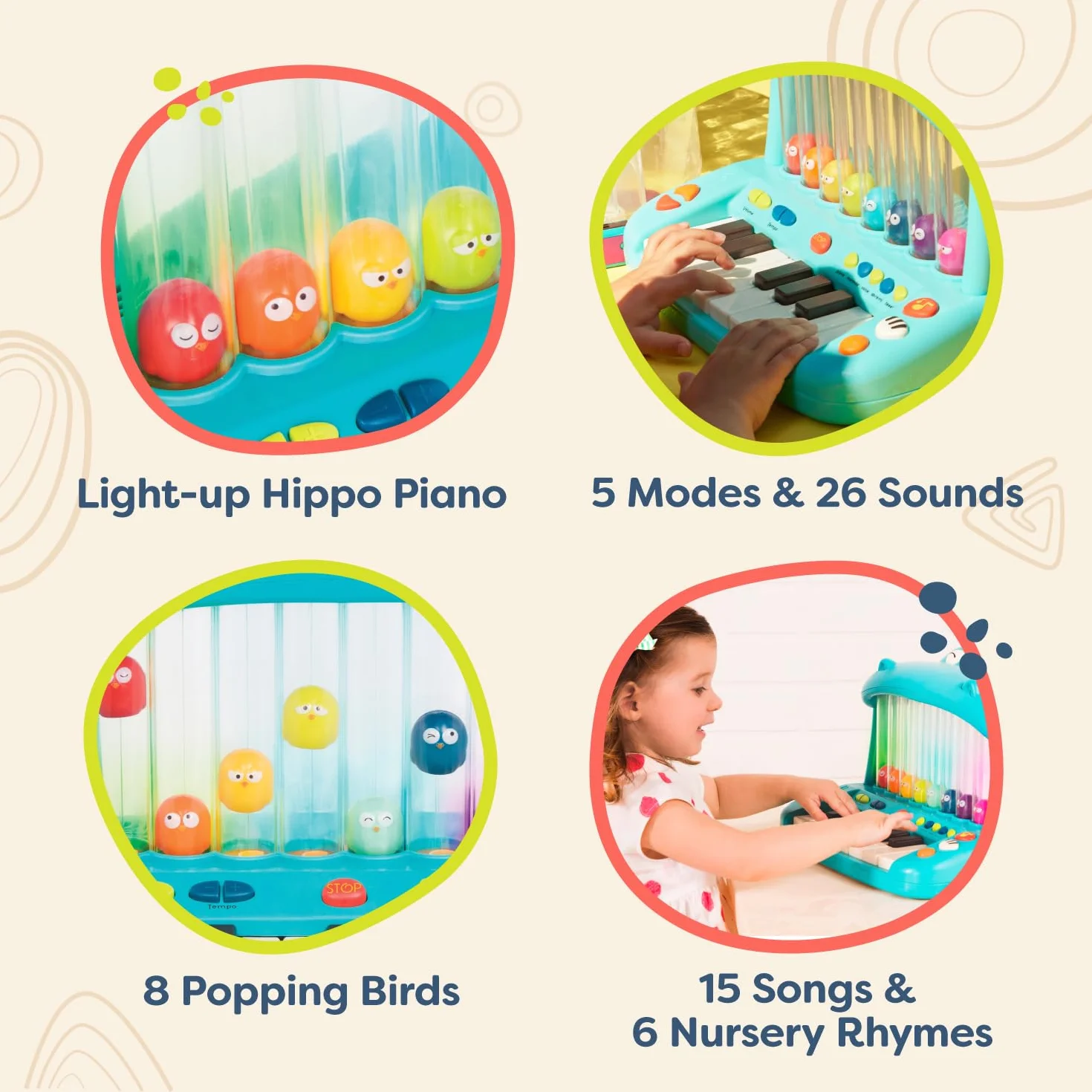 B. toys Hippo Pop klawiatura muzyczna zabawka - fortepian - piosenki, dźwięki i światła - instrument muzyczny dla dzieci, chłopców, 12 miesięcy +