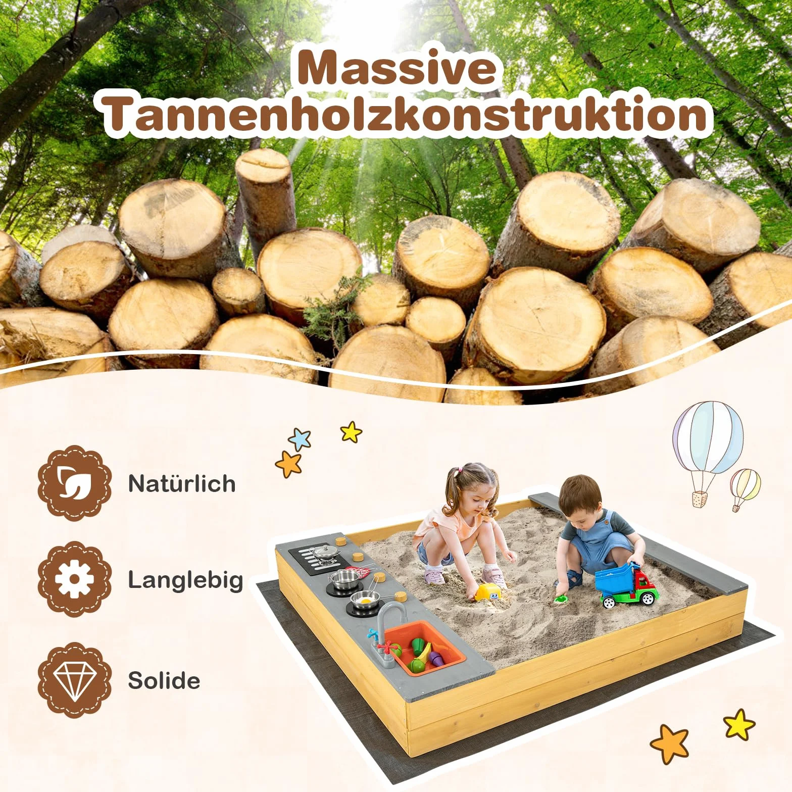 COSTWAY Piaskownica z litego drewna z 9 akcesoriami kuchennymi, kranem i umywalką