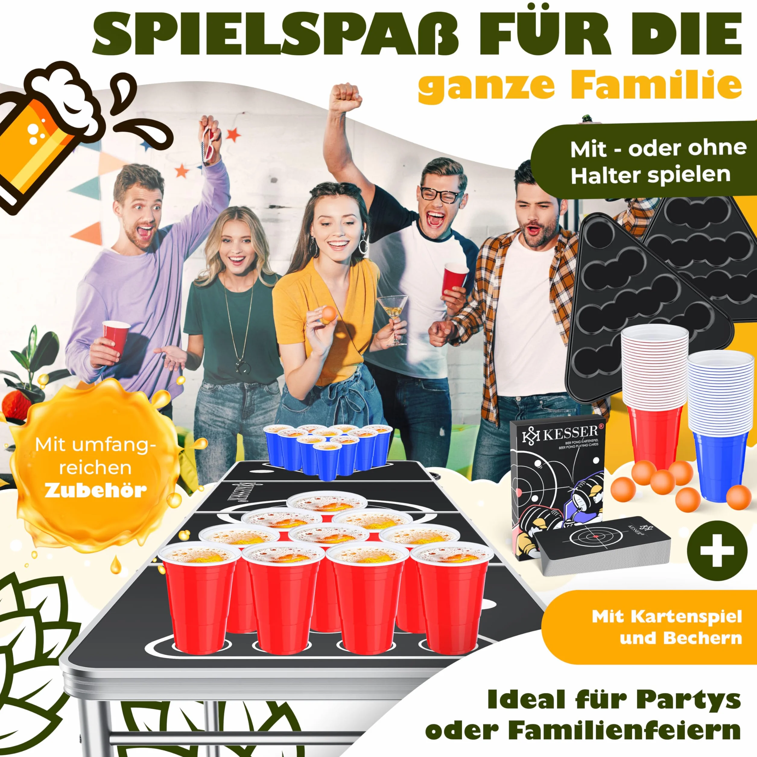 KESSER Beer Pong zestaw karcianych (50 czerwonych i 50 niebieskich), 6 piłek + linijki do gry na imprezę, regulowana wysokość, składany