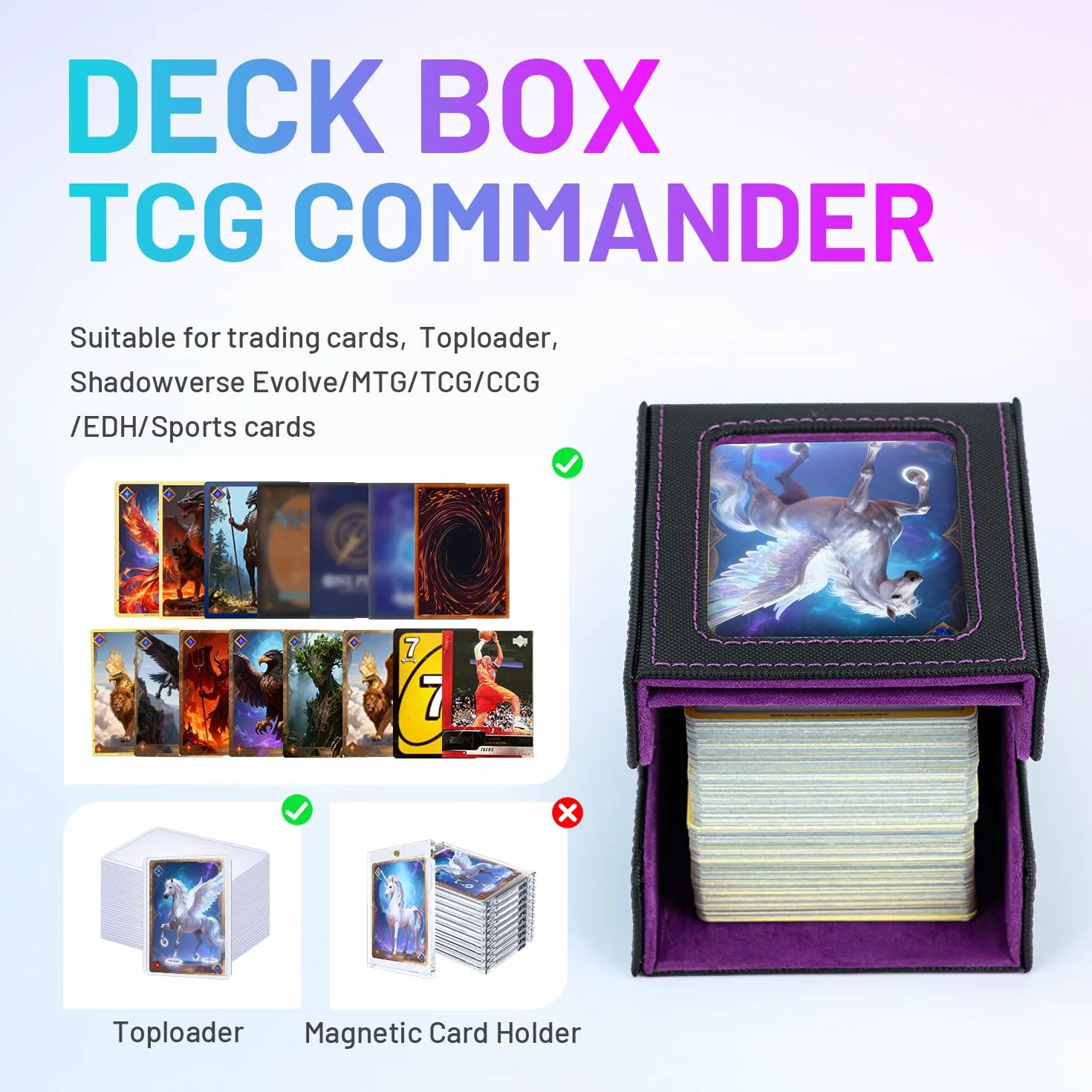 Pudełko na karty z okienkiem do MTG, Gathering, pudełko na 100+ kart, skóra PU, mocne magnetyczne karty kolekcjonerskie, kompatybilne z Magic Commander TCG Toploader (pionowe, fioletowe)