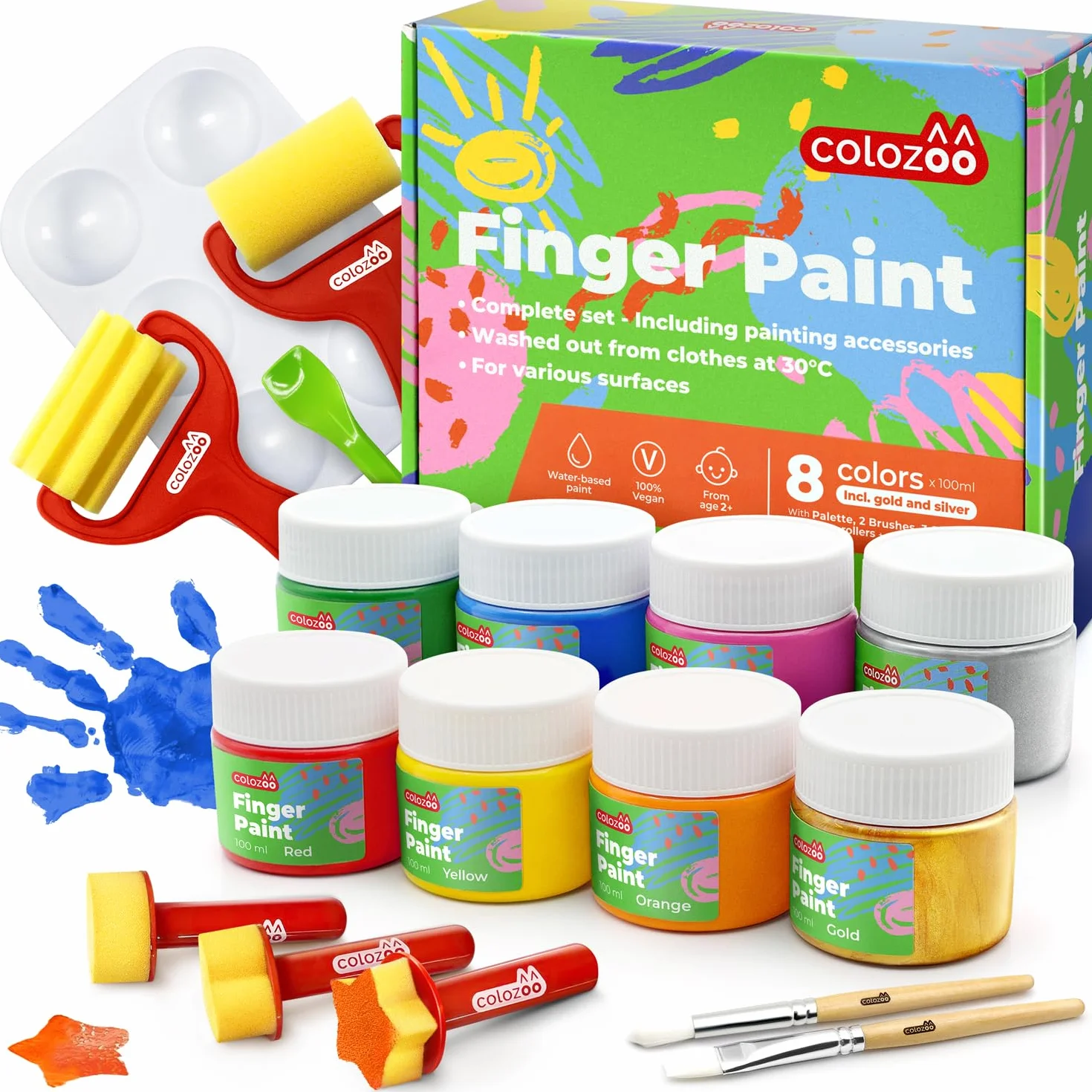 Colozoo Kids Finger Paint Set Inc. akcesoria do malowania | 8x100ml Colors Inc. złote i srebrne | bez parabenów, glutenu i laktozy, na bazie wody, wegańskie | łatwe do czyszczenia i zmywania