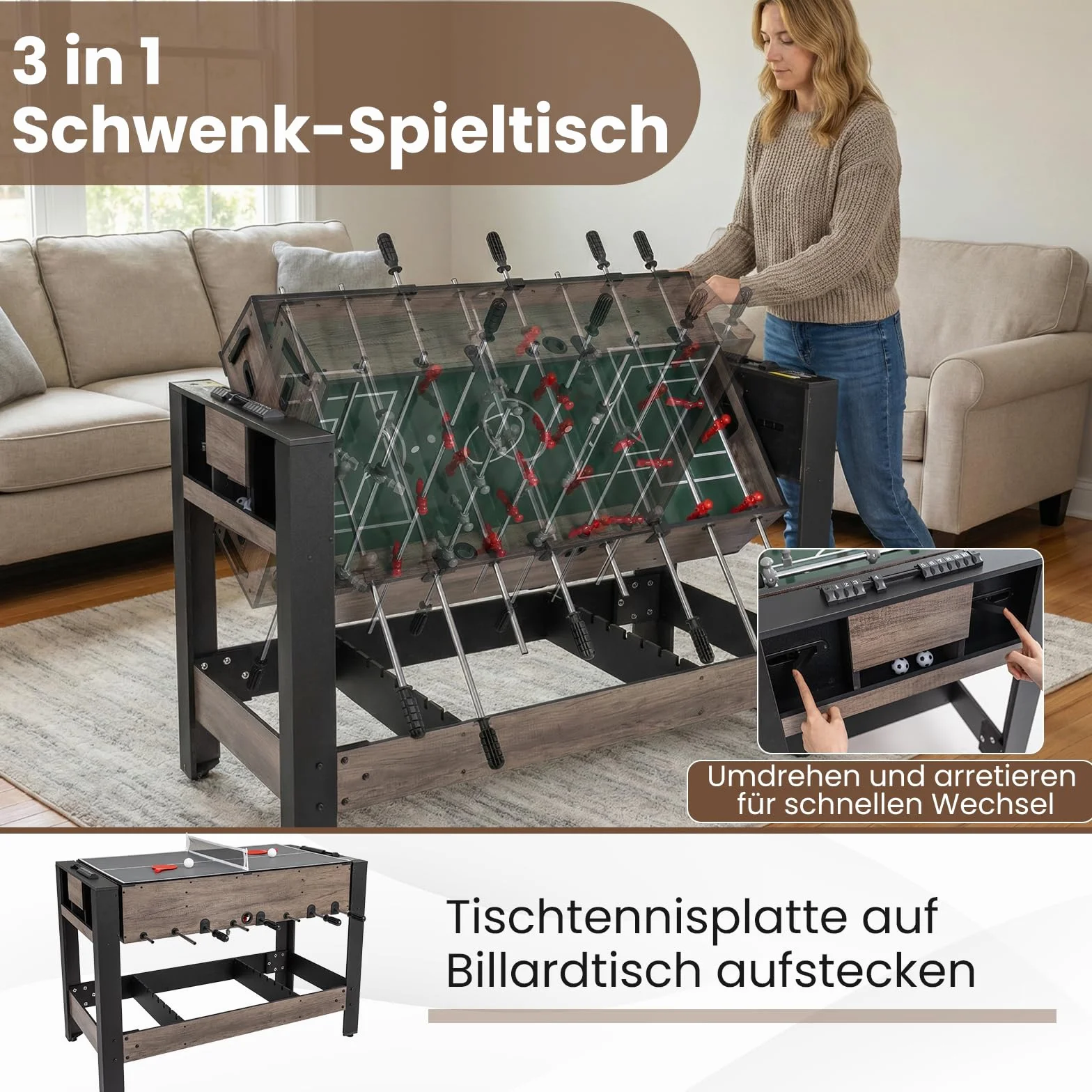 COSTWAY Wielofunkcyjny stół do gry 3 w 1, obrotowy, wielofunkcyjny stół do gry w piłkarzyki, bilard i tenis stołowy, kompletny zestaw z akcesoriami do pokoju zabaw, baru, stołu do gry w piłkarzyki dla