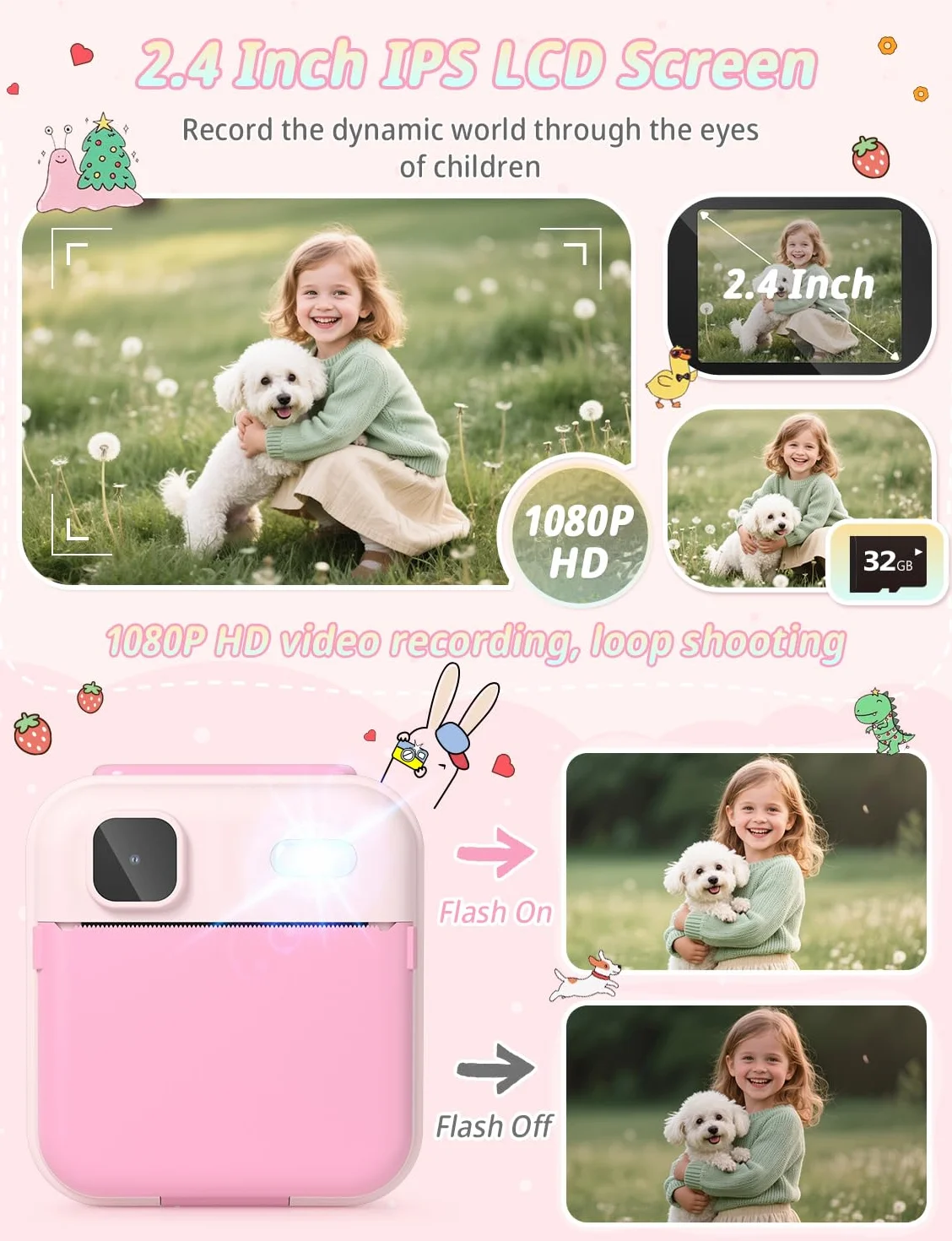 YOHOOLYO Aparat błyskawiczny dla dzieci, 2,4-calowy aparat błyskawiczny dla dzieci z kartą 32 GB i 3 rolkami papieru, cyfrowe zabawki wideo HD 1080P, prezenty urodzinowe w