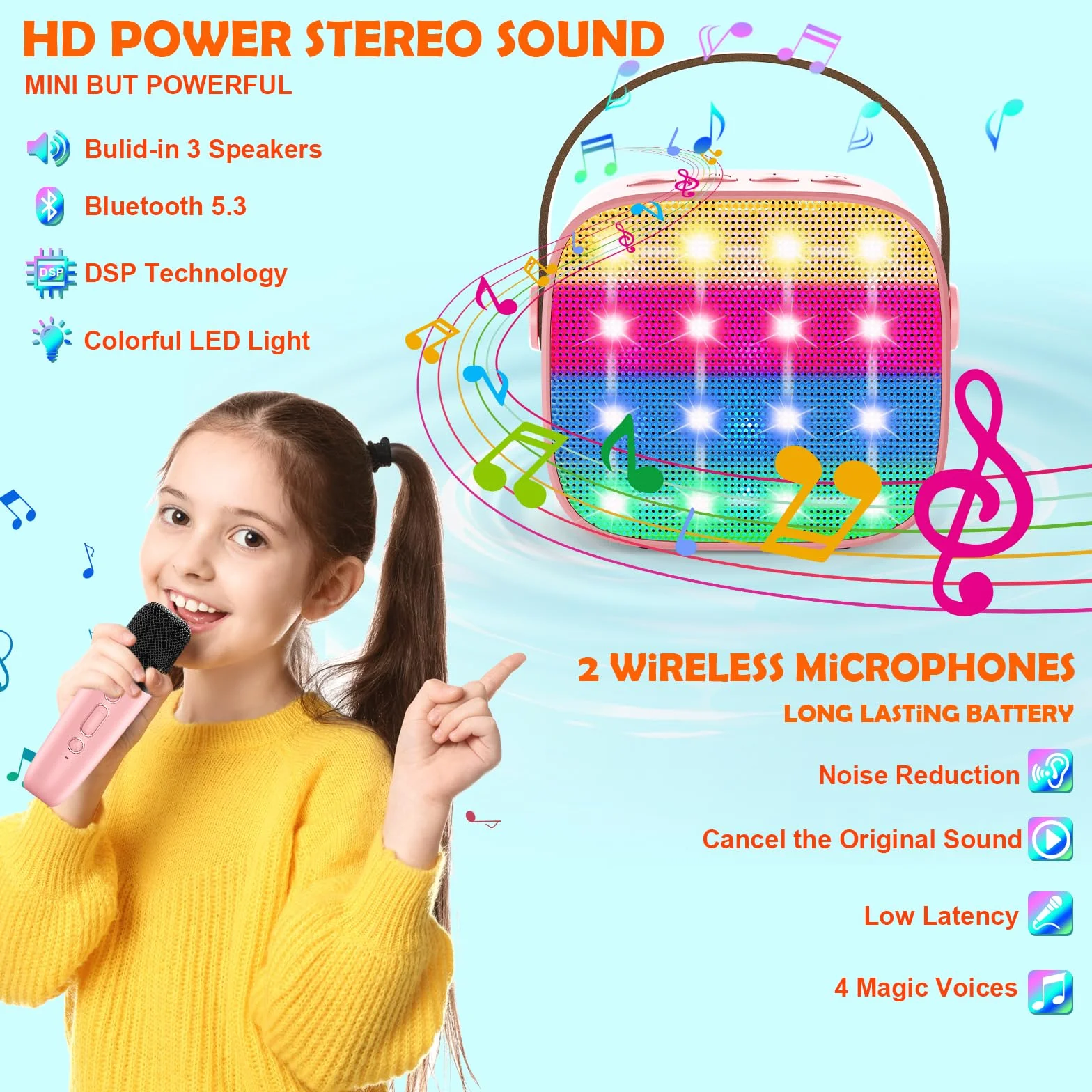 Maszyna do karaoke dla dzieci z 2 mikrofonami Bluetooth przenośny głośnik efekty głosowe diody LED