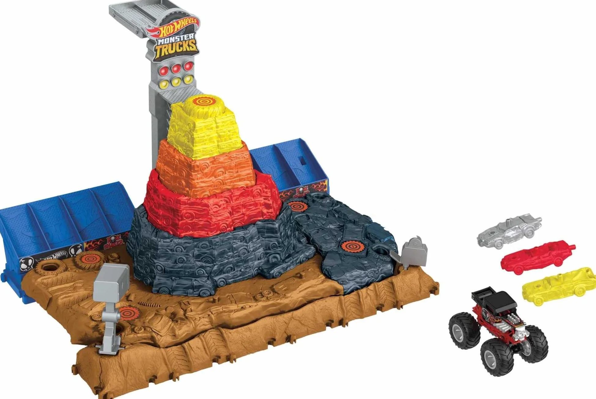 Hot Wheels Monster Trucks Arena Smashers Bone Shaker Piramida demolki Zestaw z 1 pojazdem i 3 autkami HNB96