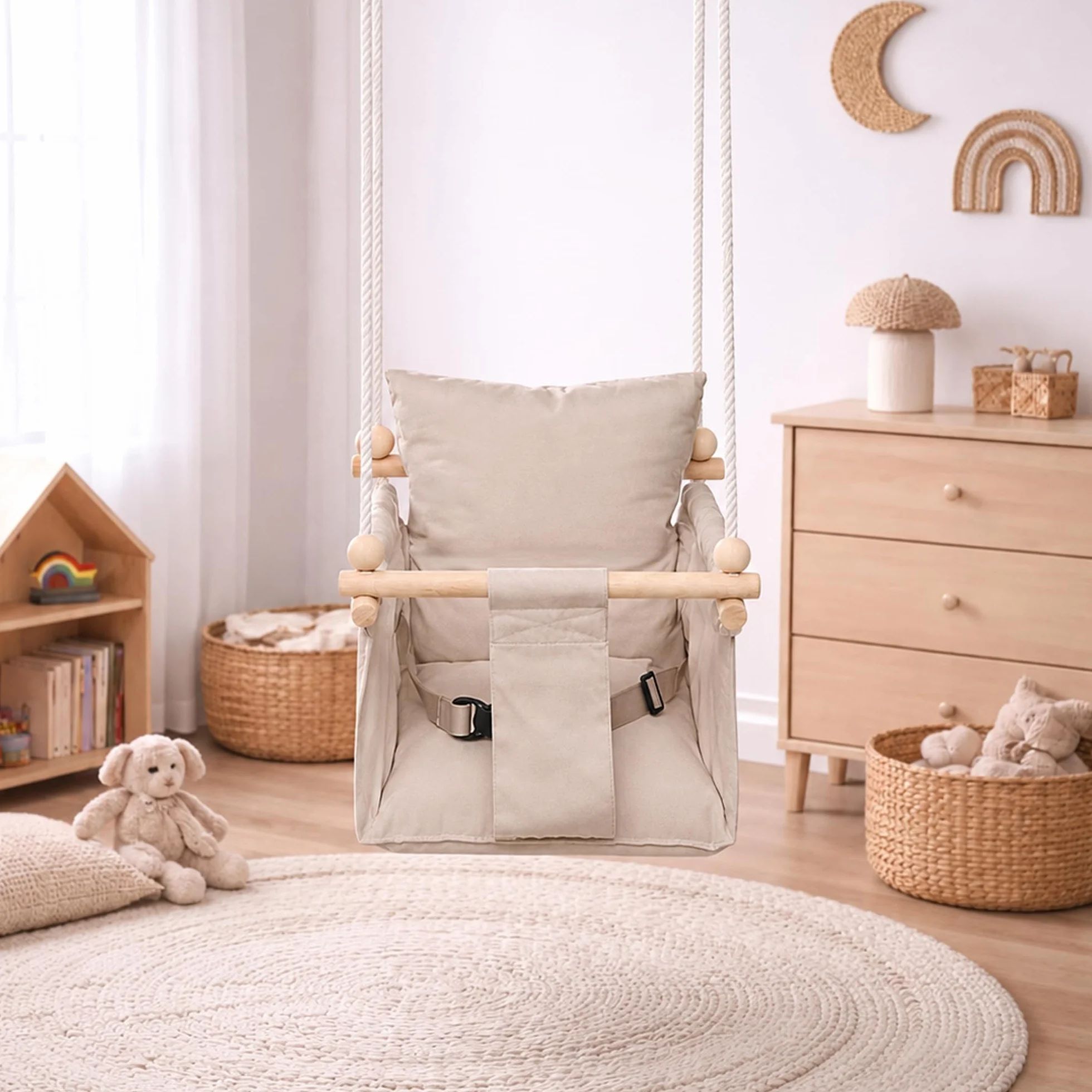 MAMOI® Drewniana huśtawka dla dzieci + PAS BEZPIECZEŃSTWA | Regulacja wysokości 190-260cm | Huśtawka do domu Huśtawka dziecięca | Wewnętrzna huśtawka dla dzieci | CE | 100% ECO | Wyprodukowano w UE