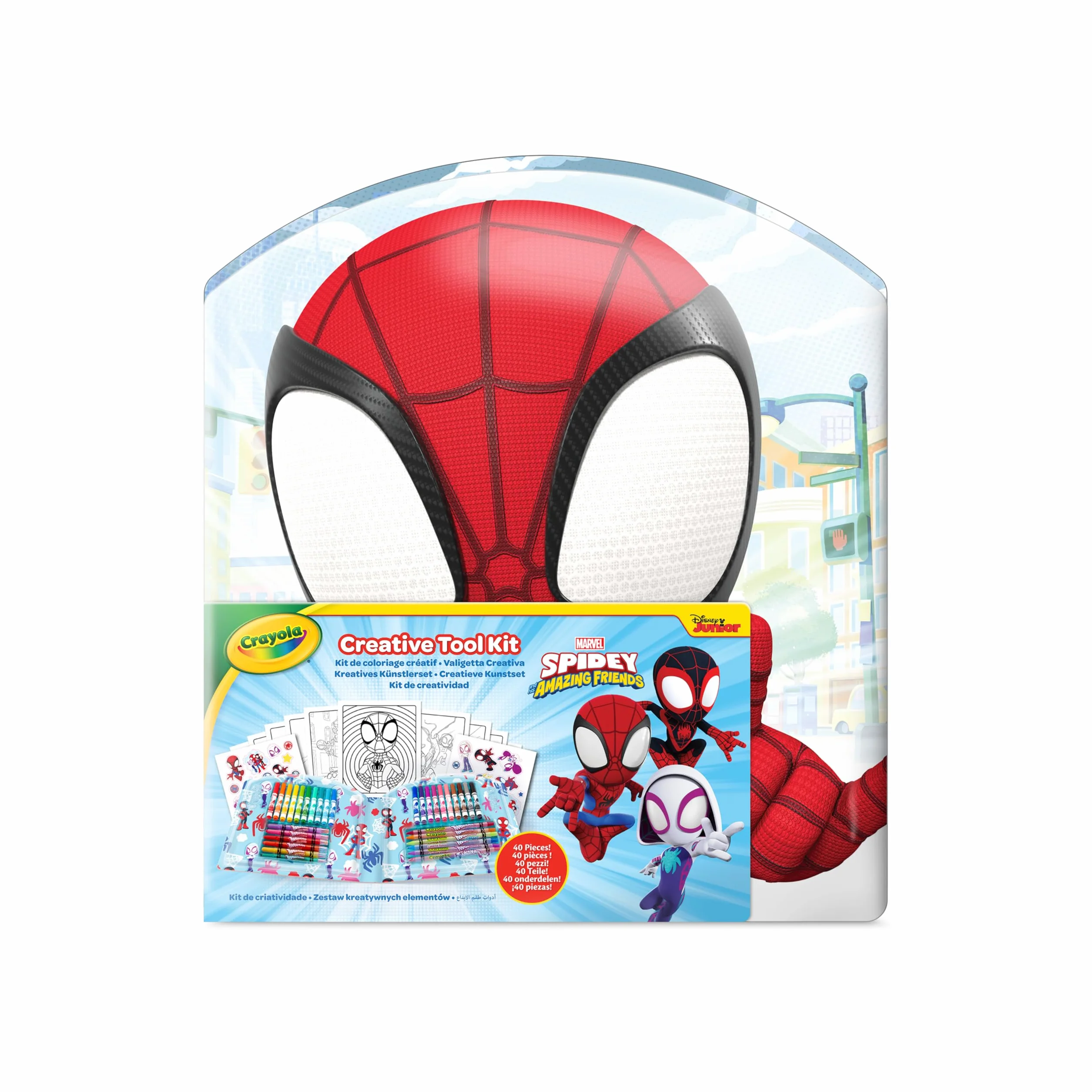 Crayola - Walizka kreatywna Spidey, 40 elementów, przenośny zestaw do kolorowania zawierający zmywalne flamastry, kredki ołówkowe, kredki świecowe, strony do kolorowania i naklejki, 04-4017