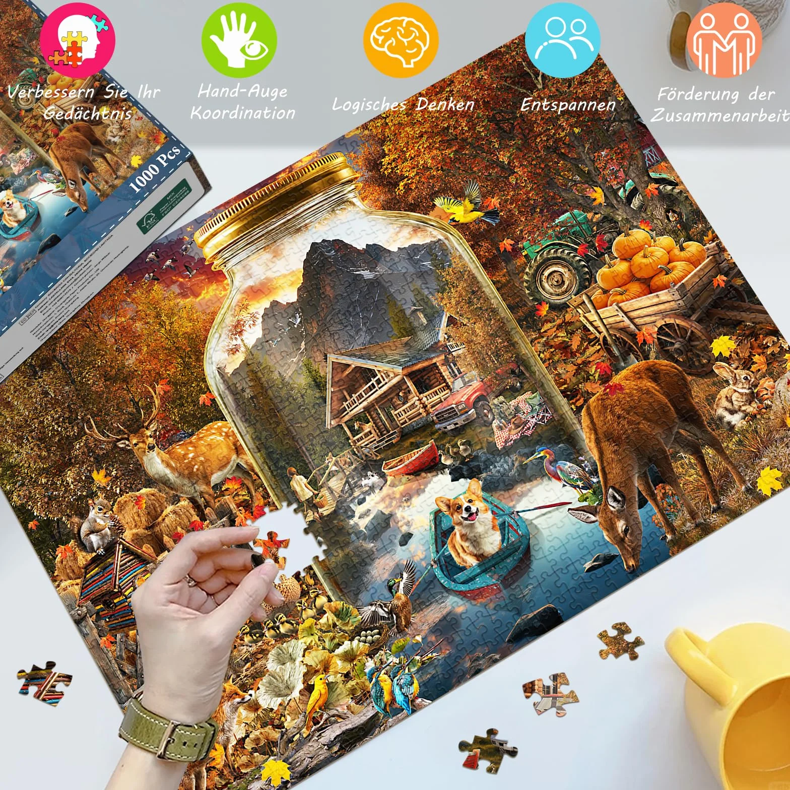 HUADADA Puzzle 1000 elementów dla dorosłych, wysokiej jakości matowy nadruk olejny, przyjazne dla oczu, dla miłośników puzzli, motyw puzzli: jesienny krajobraz w szkle