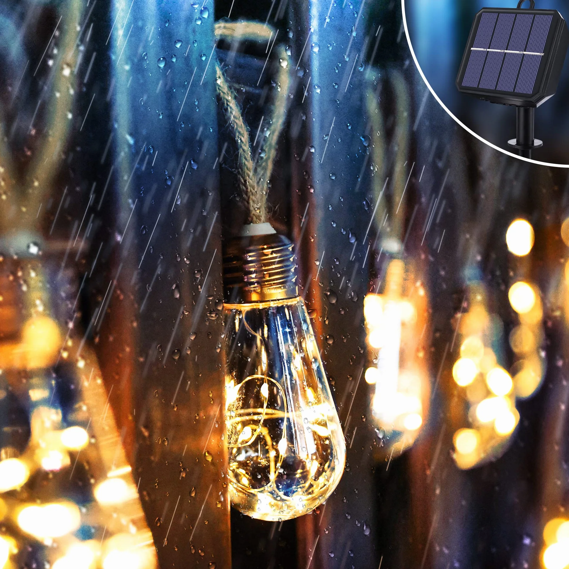 Geemoo Solarny łańcuch świetlny z liny konopnej, 8 m, 160 LED, wodoodporny, z 16 nietłukącymi się żarówkami, do ogrodu, na patio, imprezę, podwórko, dekoracja bożonarodzeniowa (ciepła biel)