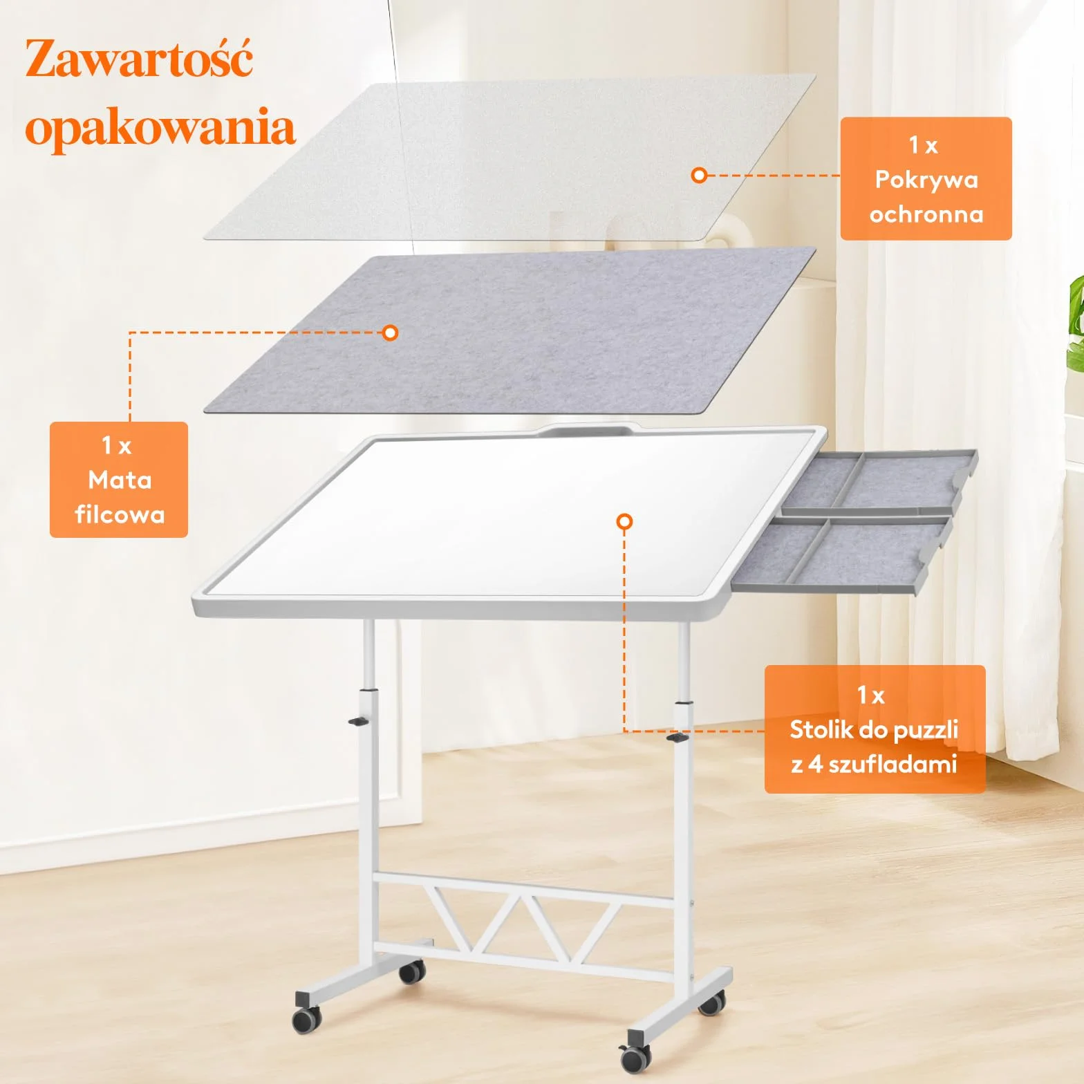 Lifewit 1500 ruchomych puzzli z 4 szufladami / pokrywa, 88,9 x 68,5 cm, deska do puzzli z uchylnymi uchwytami, filcowe półki, stół puzzle z regulacją wysokości, z kółkami blokującymi, biały