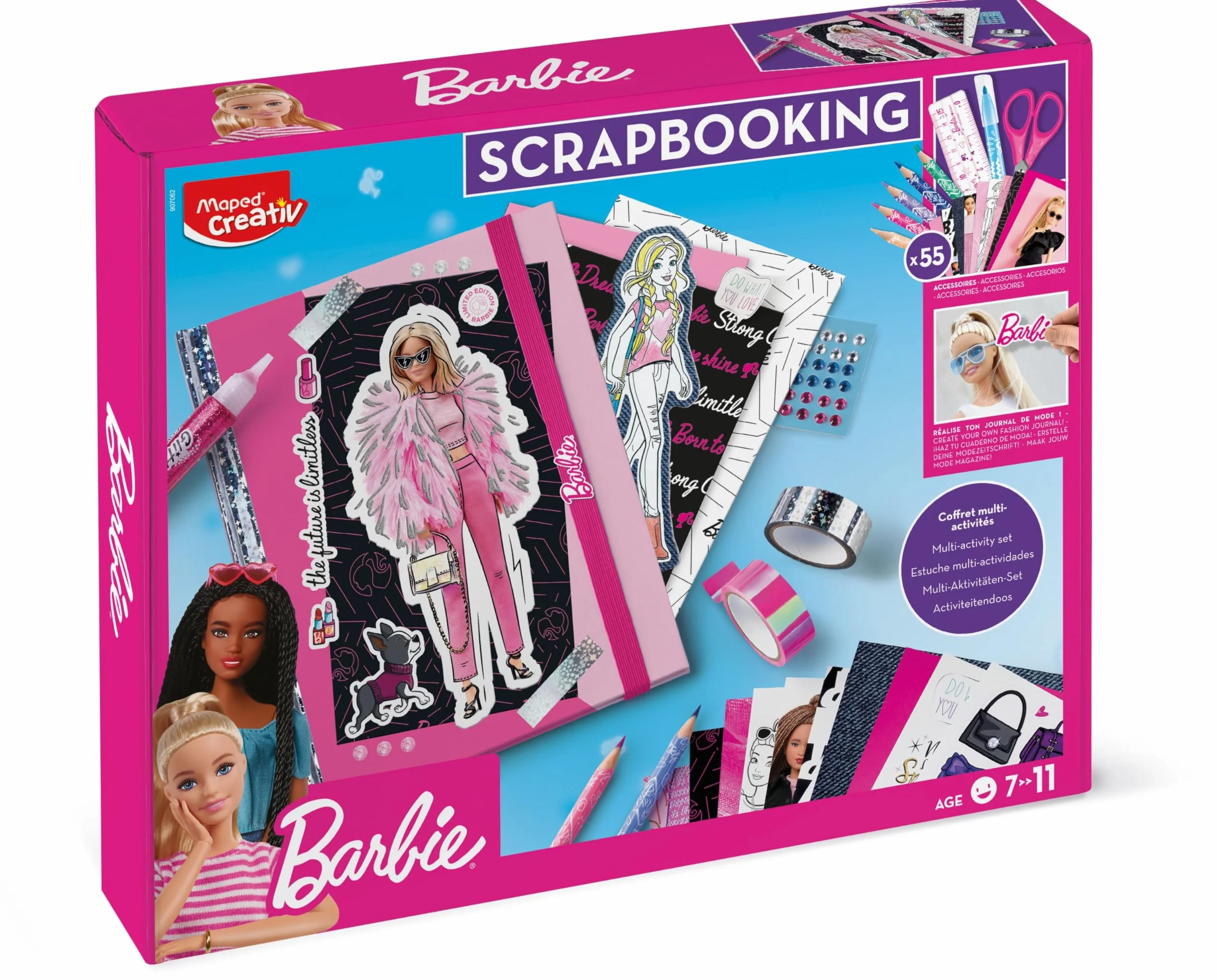 Maped Creativ Barbie Scrapbooking dla dzieci, zestaw 55 akcesoriów, arkusze i notatnik do personalizacji, od 7 lat