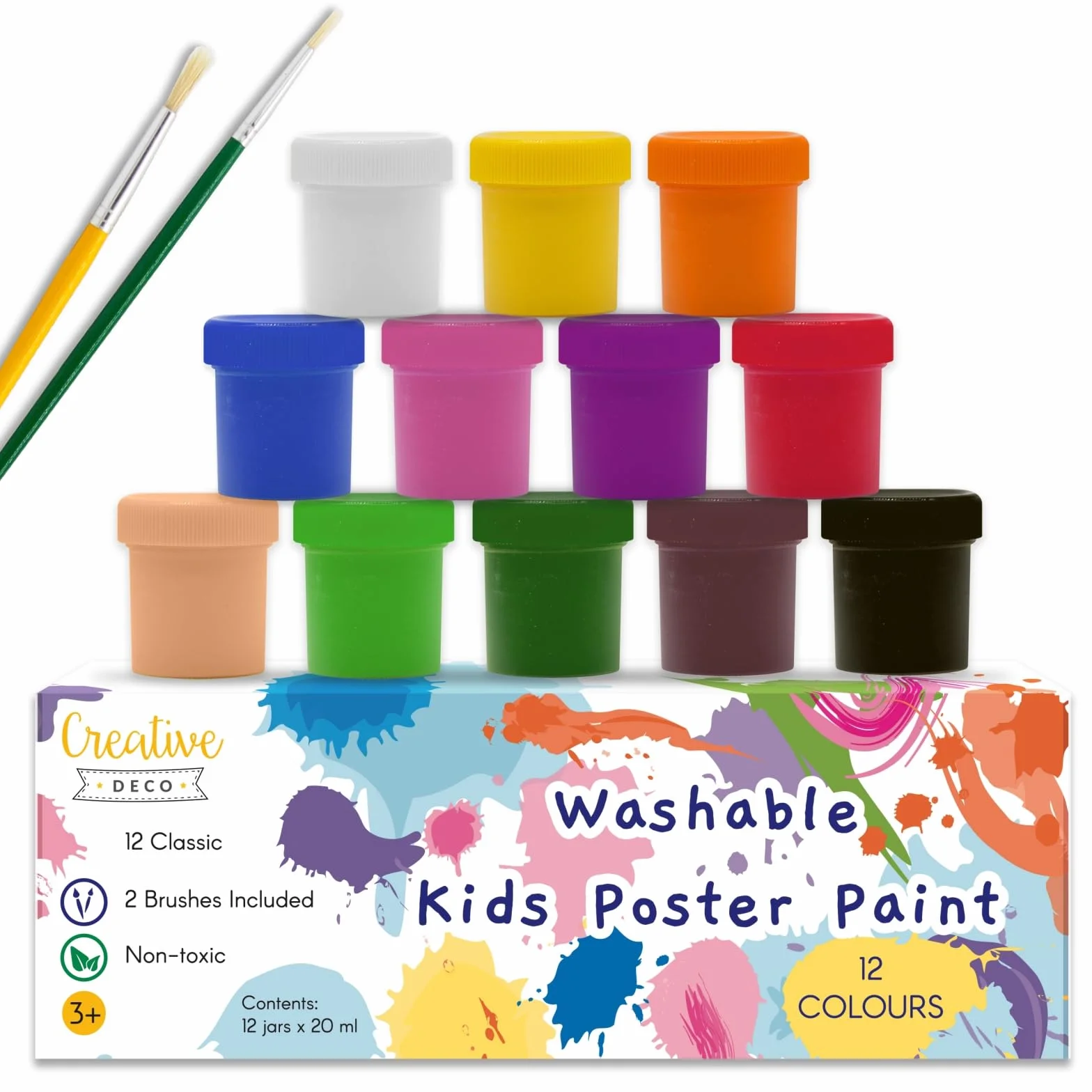 Creative Deco Zestaw Farb Plakatowych | 20 ml x 12 Kolorów | Nietoksyczne | Podstawowe i Intensywne Kolory | Idealne dla Dzieci, Studentów, Artystów, Pasjonatów Sztuki