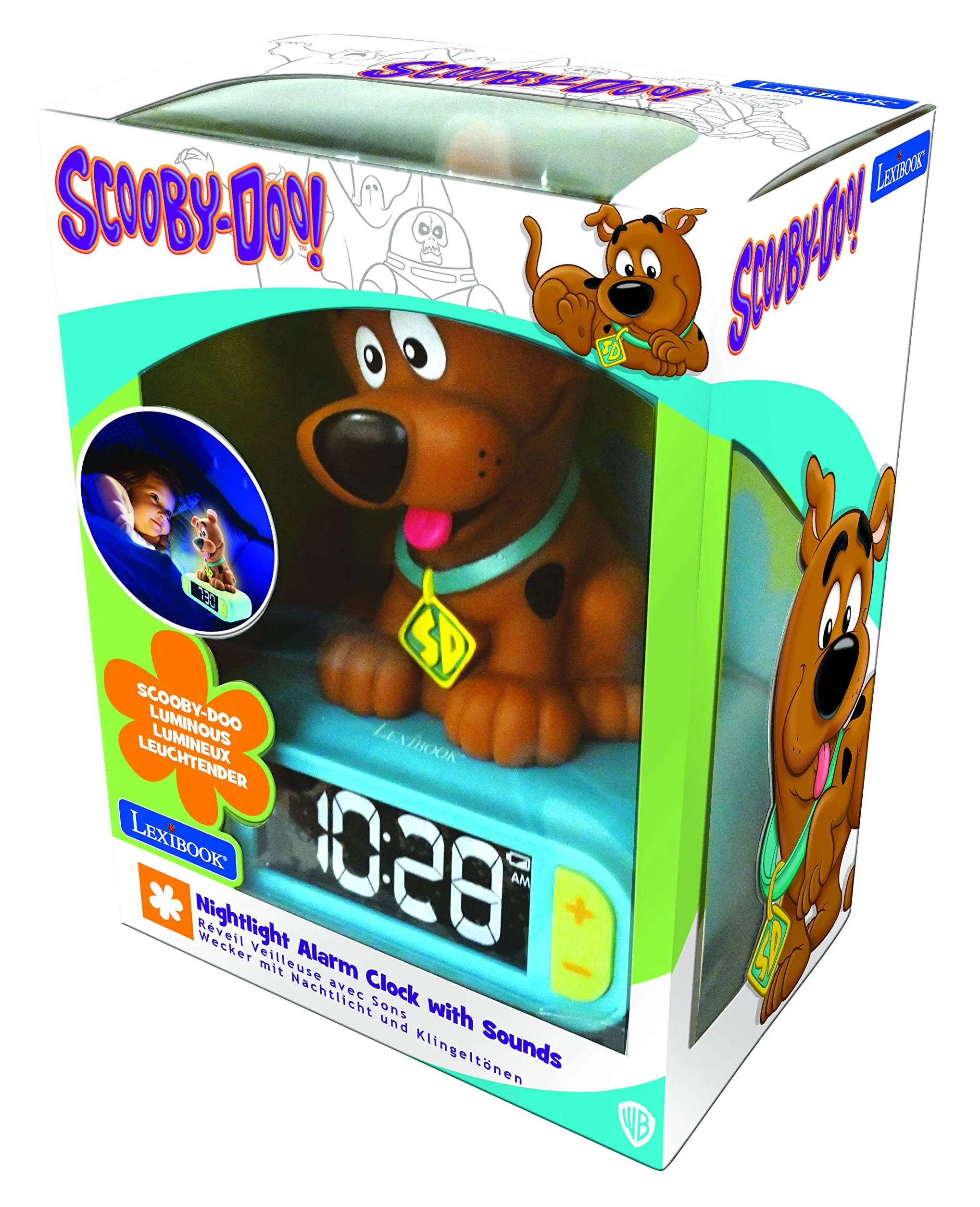 LEXIBOOK, Scooby-Doo, budzik nocny, dźwięki i melodie, podświetlany ekran LCD, świecący, drzemka, brązowy/zielony, RL800SDLXB