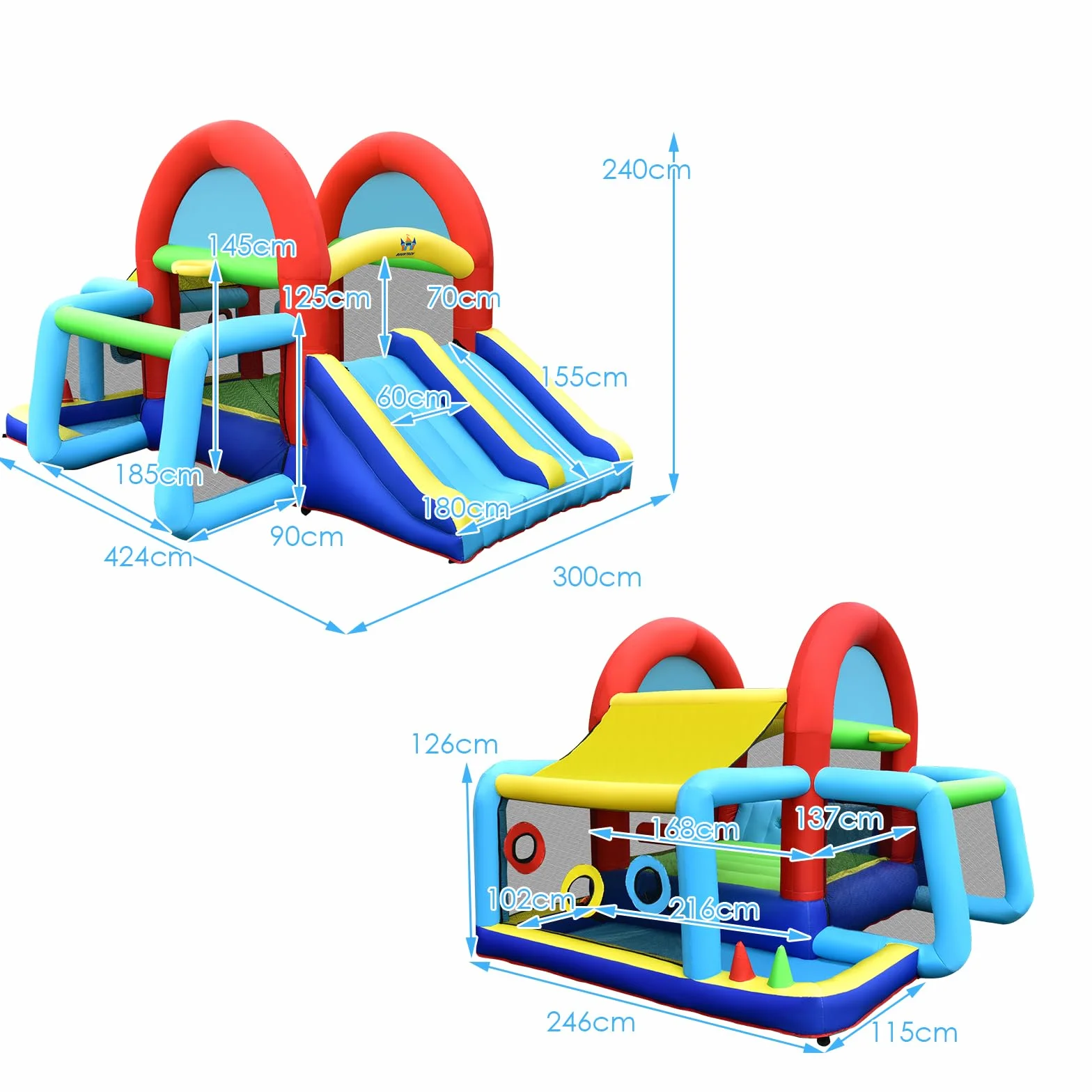 LIFEZEAL Dmuchany zamek, nadmuchiwany dom 8 w 1 dla dzieci z podwójną zjeżdżalnią, strefa trampoliny, bramka do piłki nożnej, duży wielofunkcyjny park dla dzieci (ze zdmuchą)