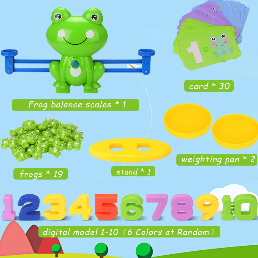 Mathe waga do zabawy, liczenie i liczenie nauki Montessori, zabawka edukacyjna, równowaga, zręczność z wagą i kartą numeryczną, dla dzieci od 3 4 5 6 lat (żaba)