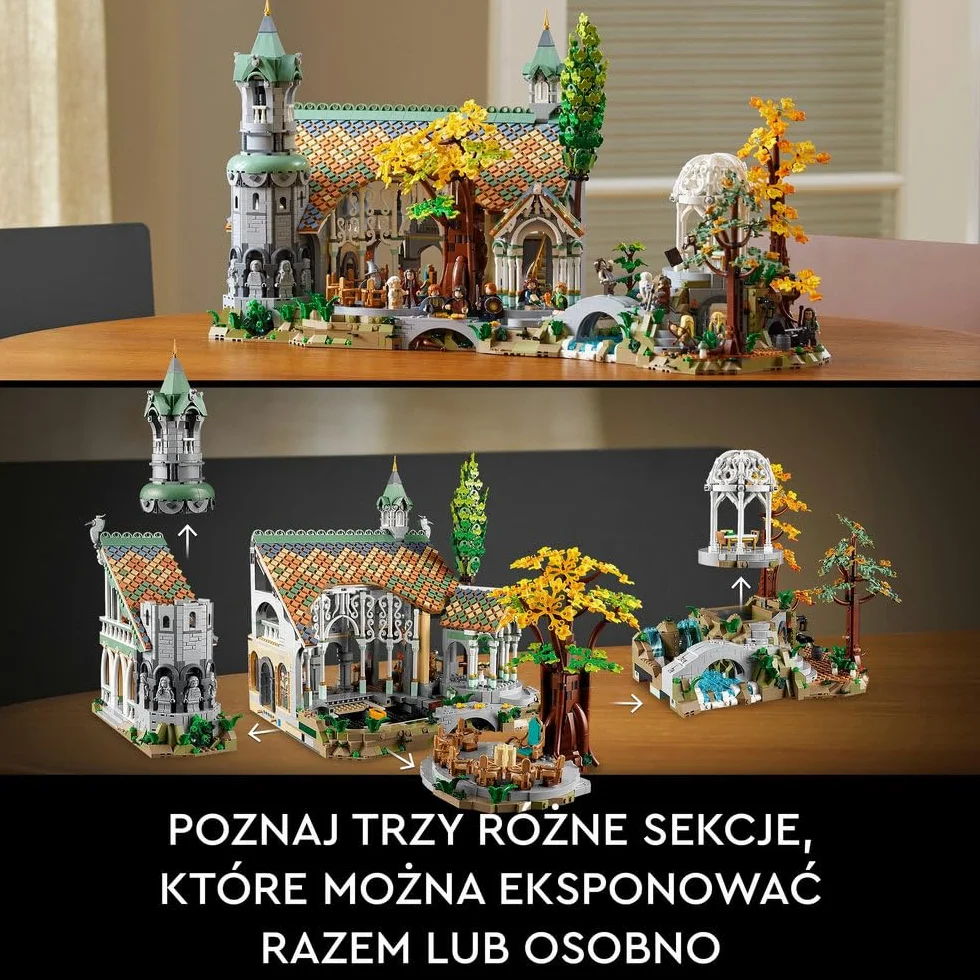 LEGO 10316 Icons WŁADCA PIERŚCIENI: RIVENDELL, duży zestaw klocków konstrukcyjnych dla dorosłych z 15 minifigurkami, w tym Frodo, Sam i Bilbo Baggins, replika Rivendell, pomysł na prezent