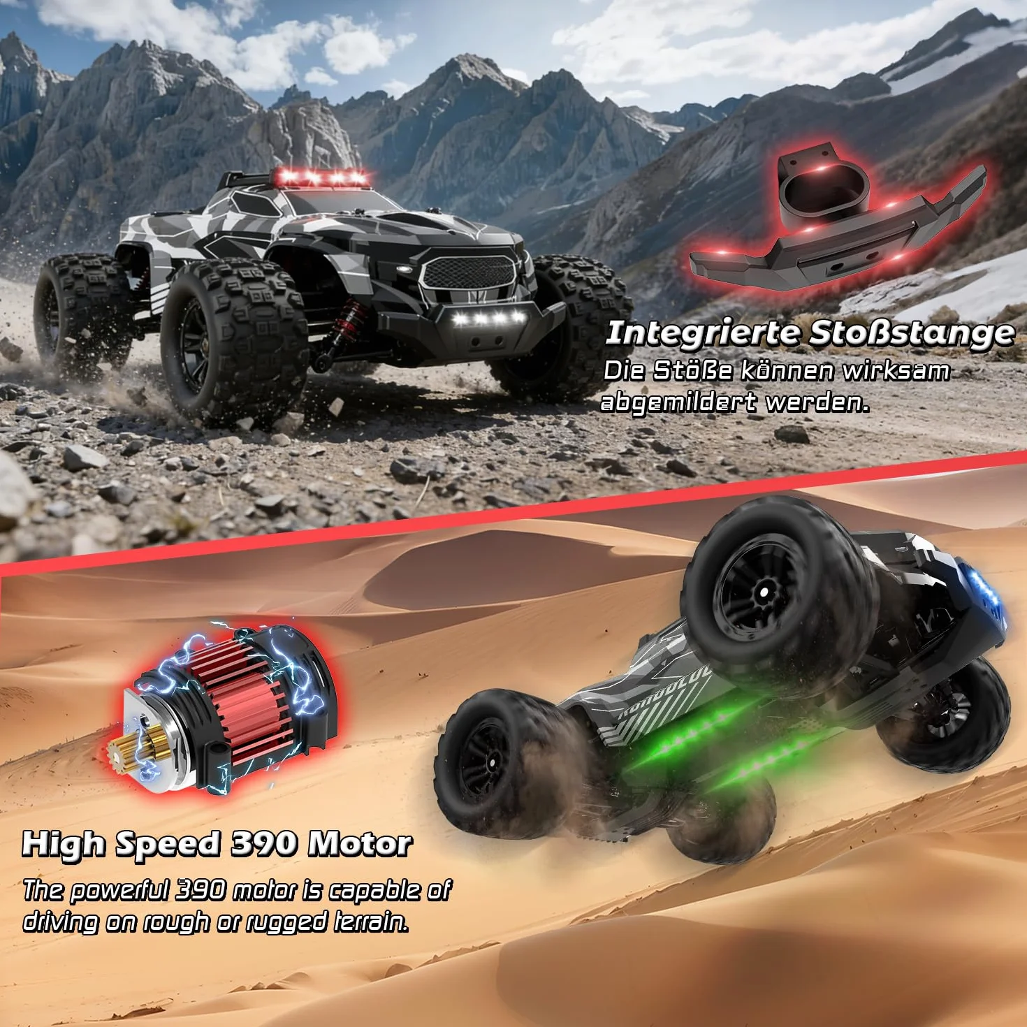 Zdalnie sterowany samochód, 1/14 RC samochód z 7 kolorami światła, 40 km/h, monstertruck Rc Truck, 2,4 GHz Rc Auto Offroad z dwoma bateriami, 4WD wodoszczelny RTR All Terrain, RC Buggy dla dzieci i