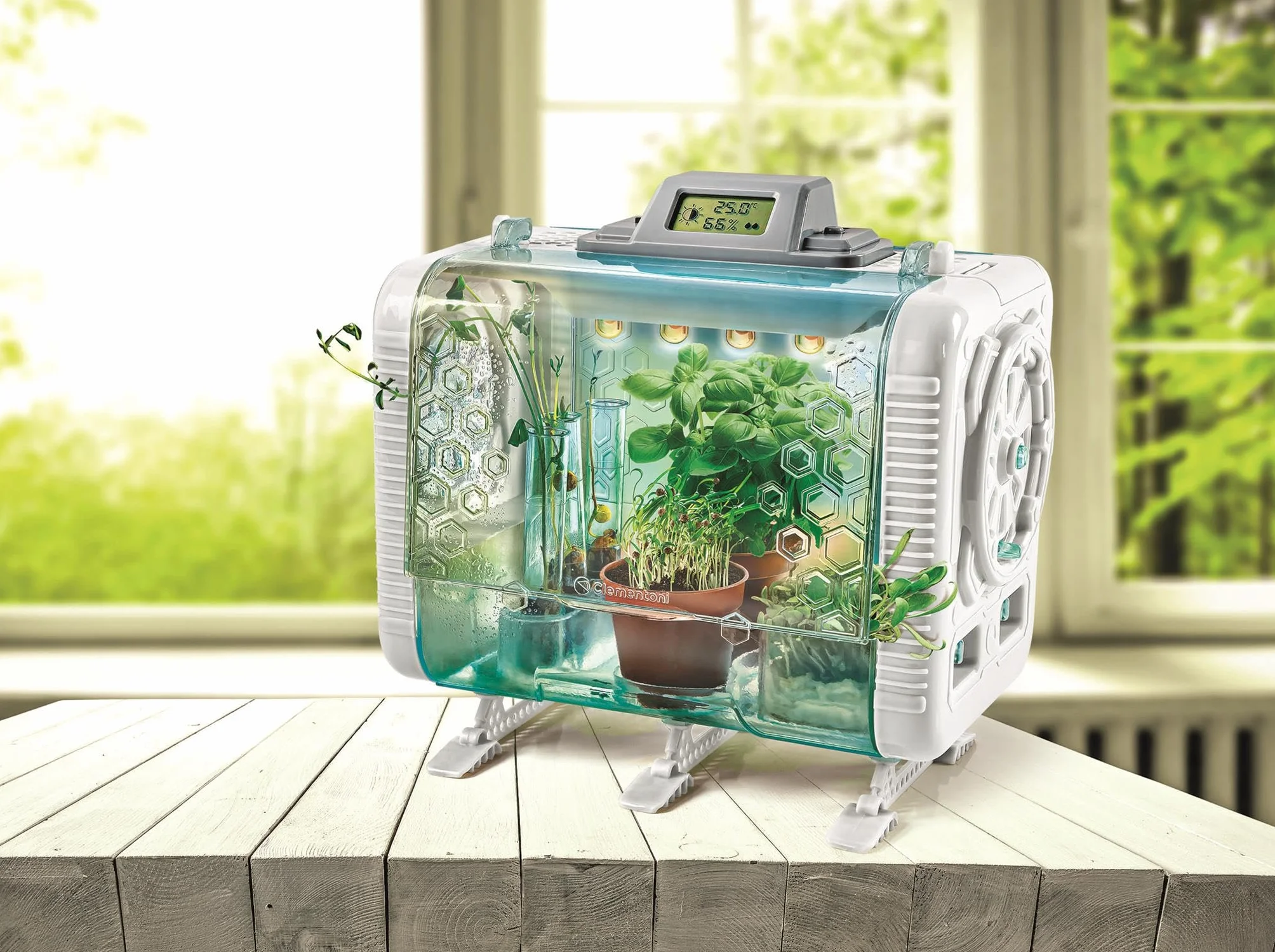 Clementoni Szklarnia technologiczna Zestaw botaniczny dla dzieci Eksperyment ogrodnictwo nauka Kontrola temperatury wilgotność światło Wyświetlacz LCD Wiek 8+