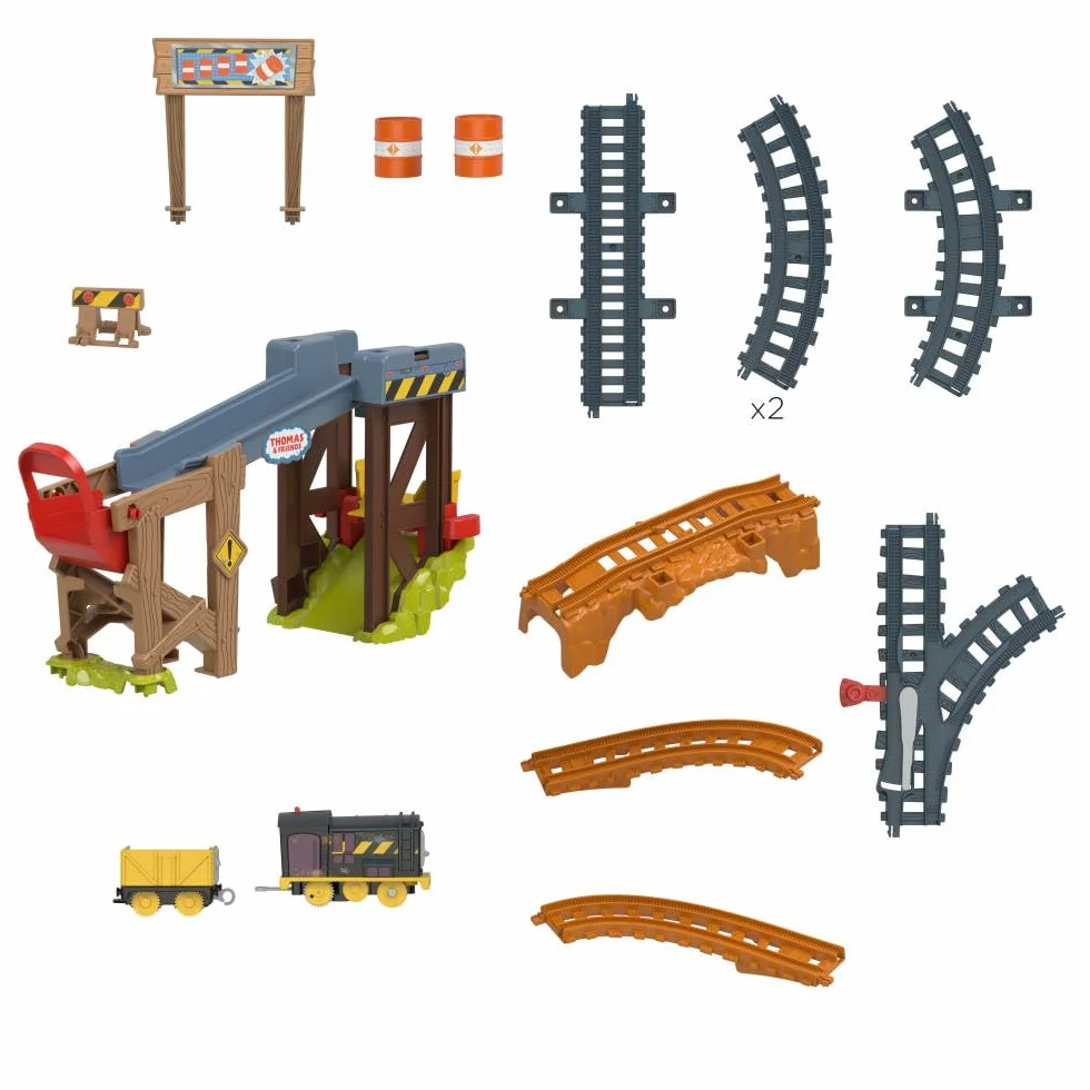 Thomas & Friends Diesel – Załadunek na budowie Zestaw kolejowy z torem + zabawka pociąg z napędem, wagonem i beczkami do zabawy dla dzieci od 3 roku życia, JBW20