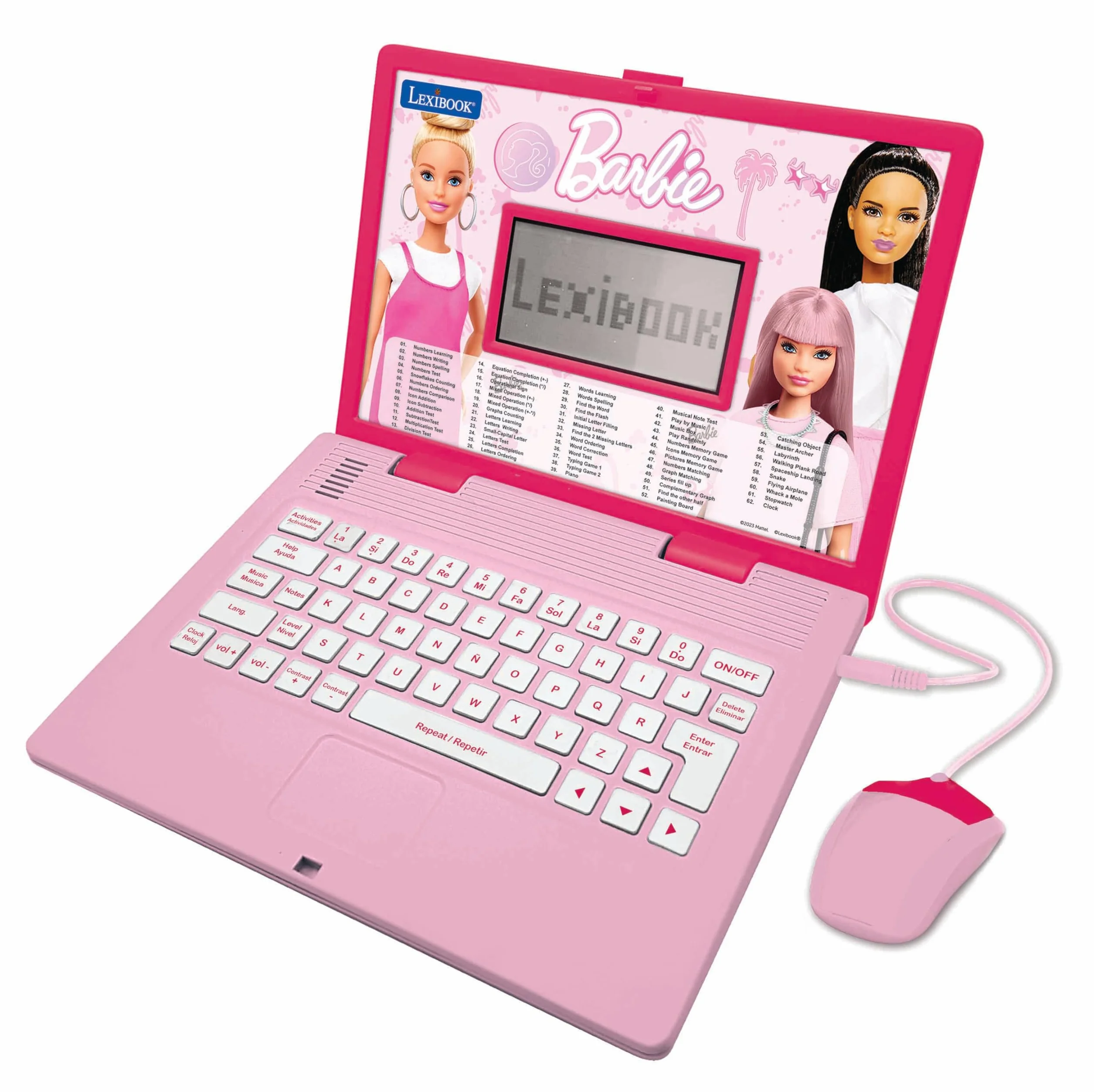 LEXIBOOK, Barbie, komputer edukacyjny i dwujęzyczny angielski/hiszpański, zabawka dla dzieci z 124 zajęciami do nauki, grania i słuchania muzyki, różowy, JC598BBi2