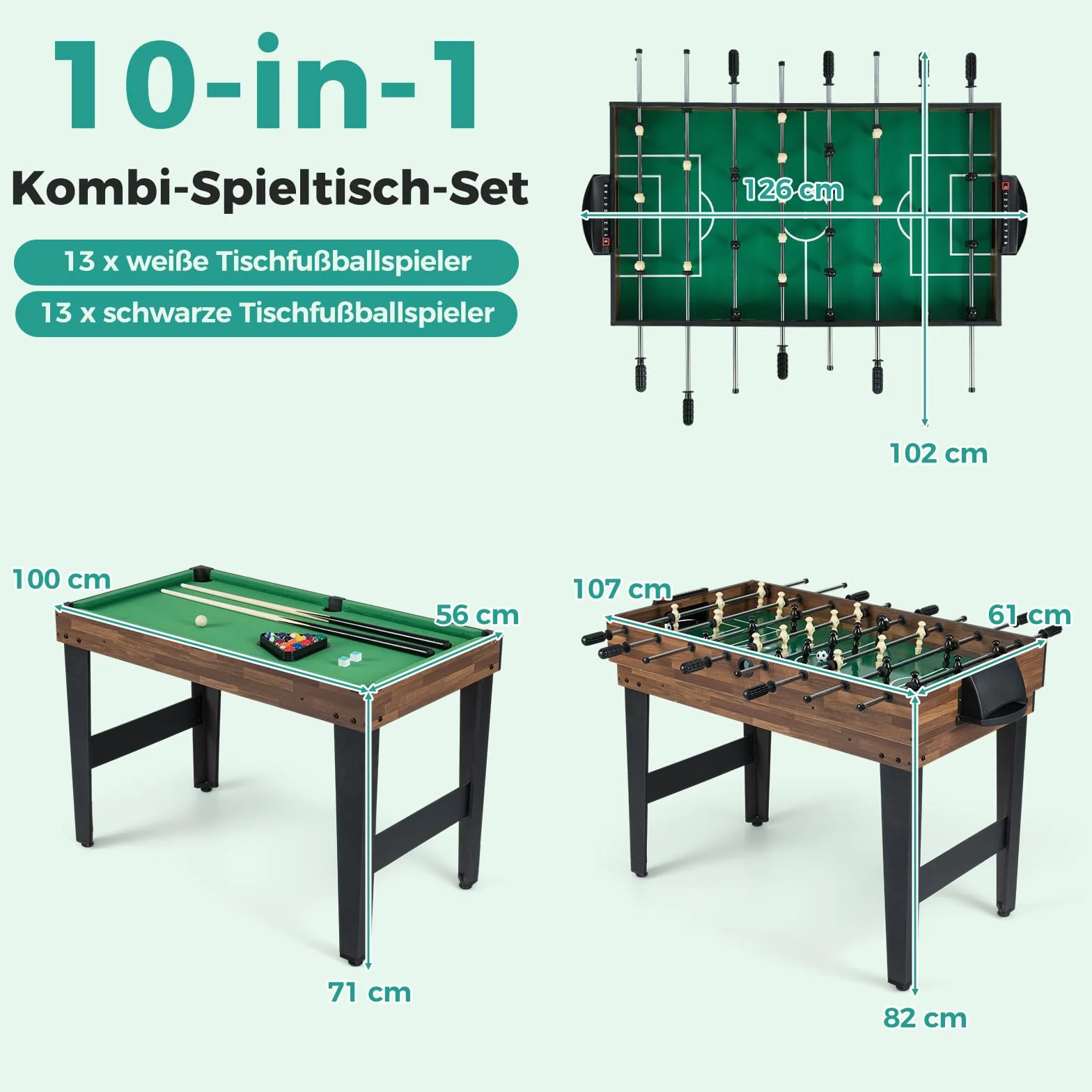 COSTWAY Wielofunkcyjny stół do gier 10 w 1, stół wielofunkcyjny z piłkarzykami, hokejem, bilardem, shuffleboardem, kręgielnią i grami planszowymi 4, stół kombi z drewna, do pokoju zabaw, piłkarzyków
