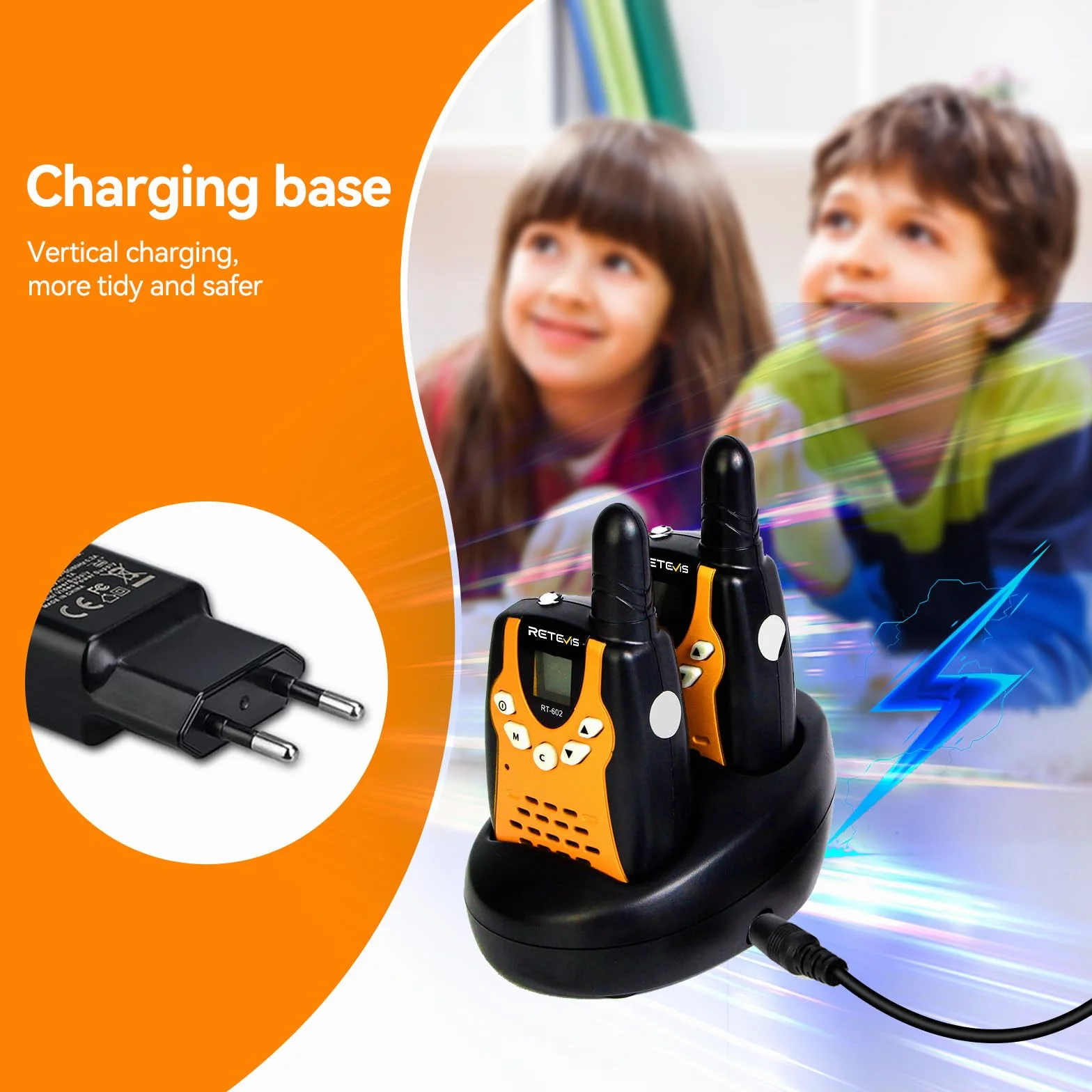 Retevis RT602 Kids Walkie Talkies Akumulator PMR446 8-kanałowy Latarka VOX Dzieci Walkie Talkie z bateriami litowo-jonowymi i ładowarką (pomarańczowy, 1 para)