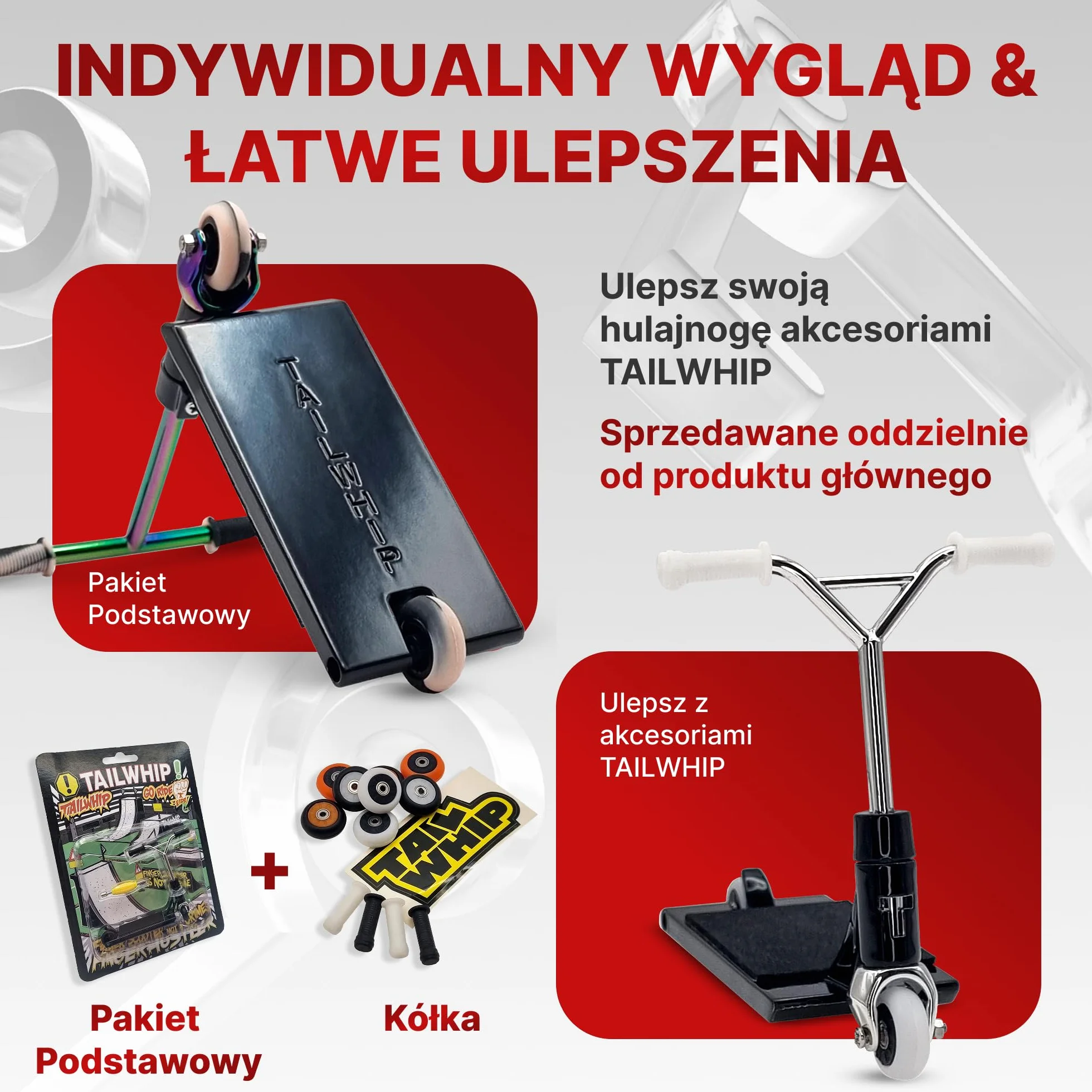 TAILWHIP Finger Scooter z Metalu, Mini Hulajnoga na Palce do Imponujących Sztuczek, Zabawka Rozwijająca Motorykę Ręczną, Kompatybilna z Finger Tech Deck Skateboard Skatepark Bike BMX, czarny