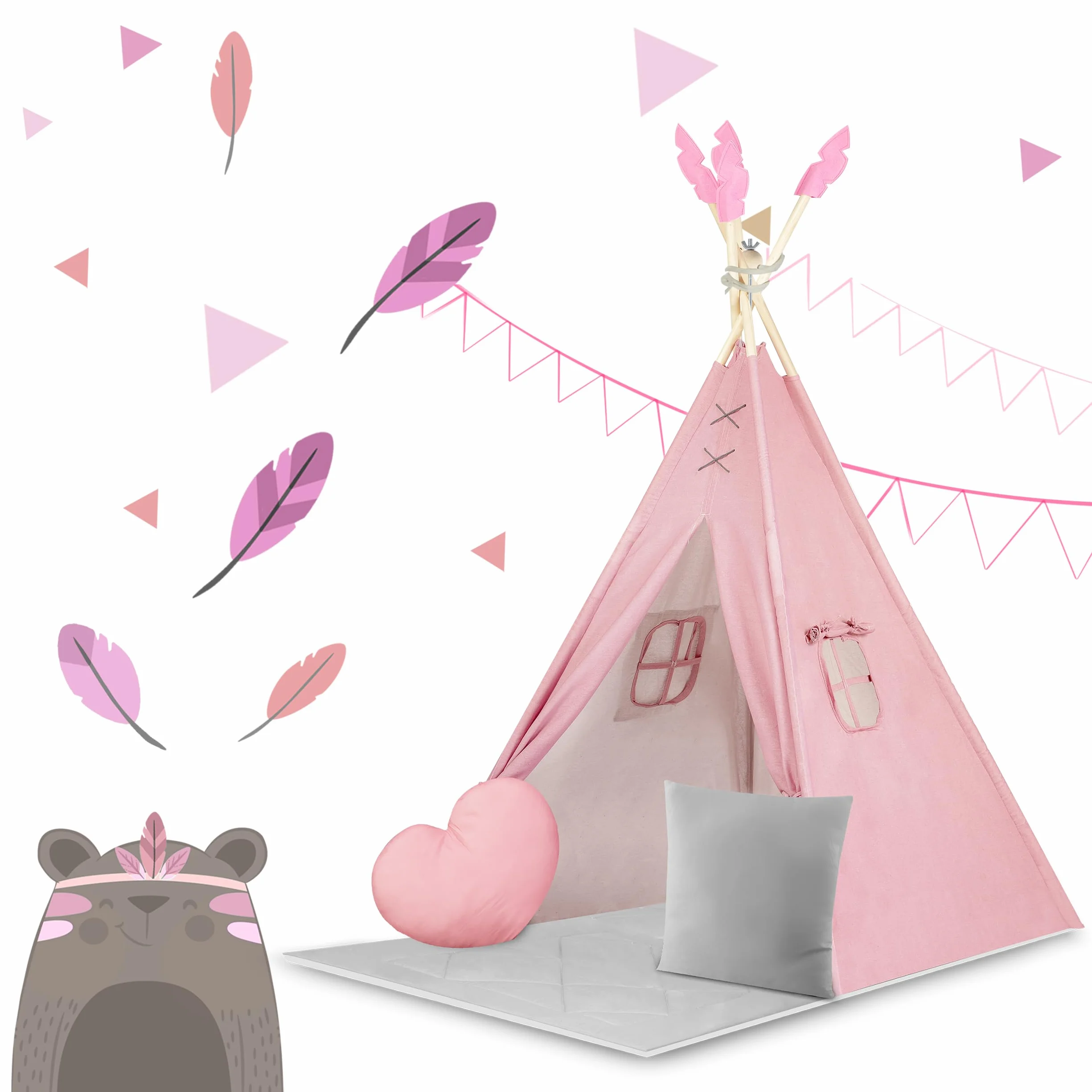 Nukido namiot dla dzieci tipi teepee wigwam z girlandą, poduszkami, dużą matą i stabilizatorem różowo-szary