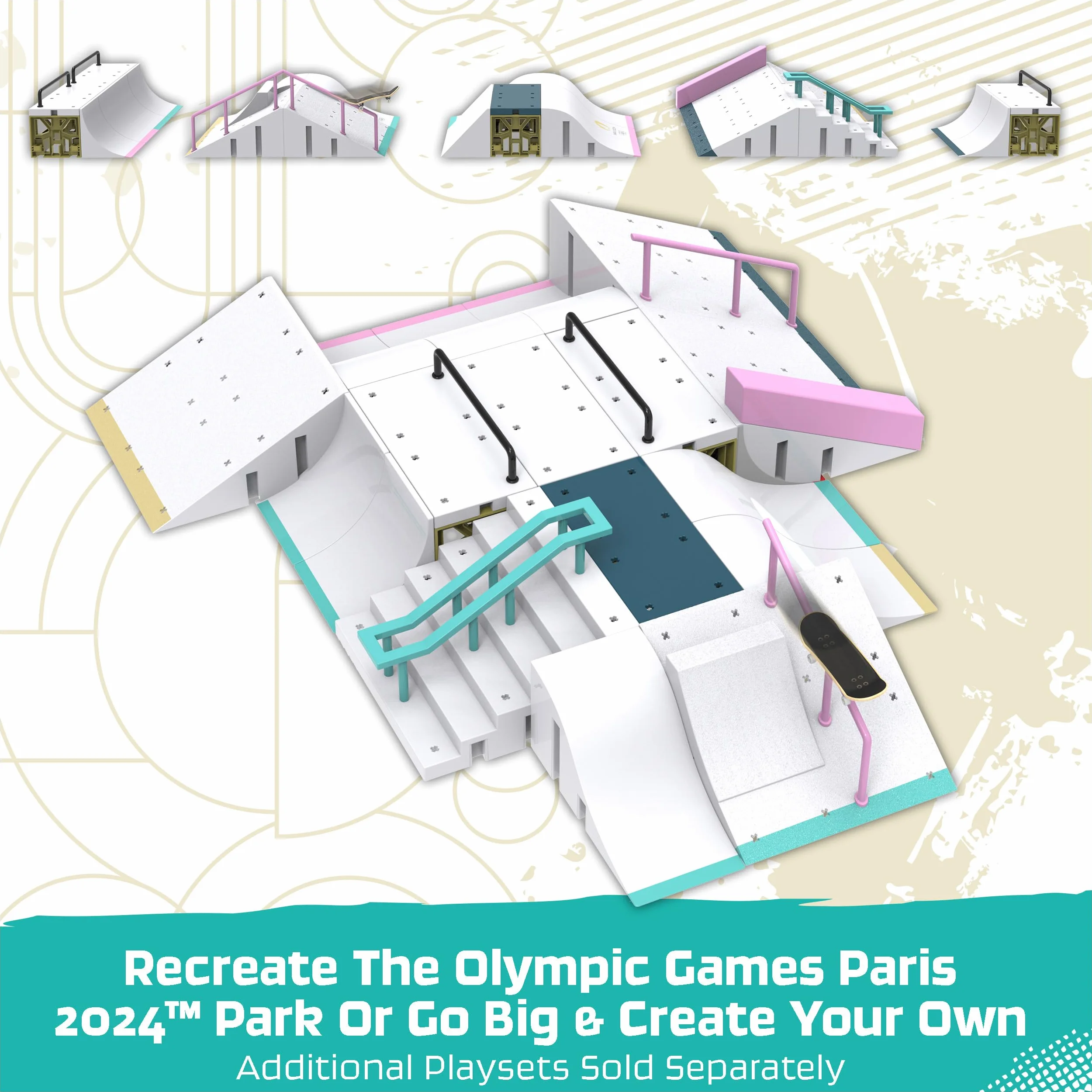 Tech Deck - Finger Skate - Park X-Connect Aurélien Giraud - Oficjalny produkt na licencji Igrzysk Olimpijskich w Paryżu 2024 - Modułowy skatepark - Mini Skate Finger - Zabawka dla dzieci w wieku 6 lat