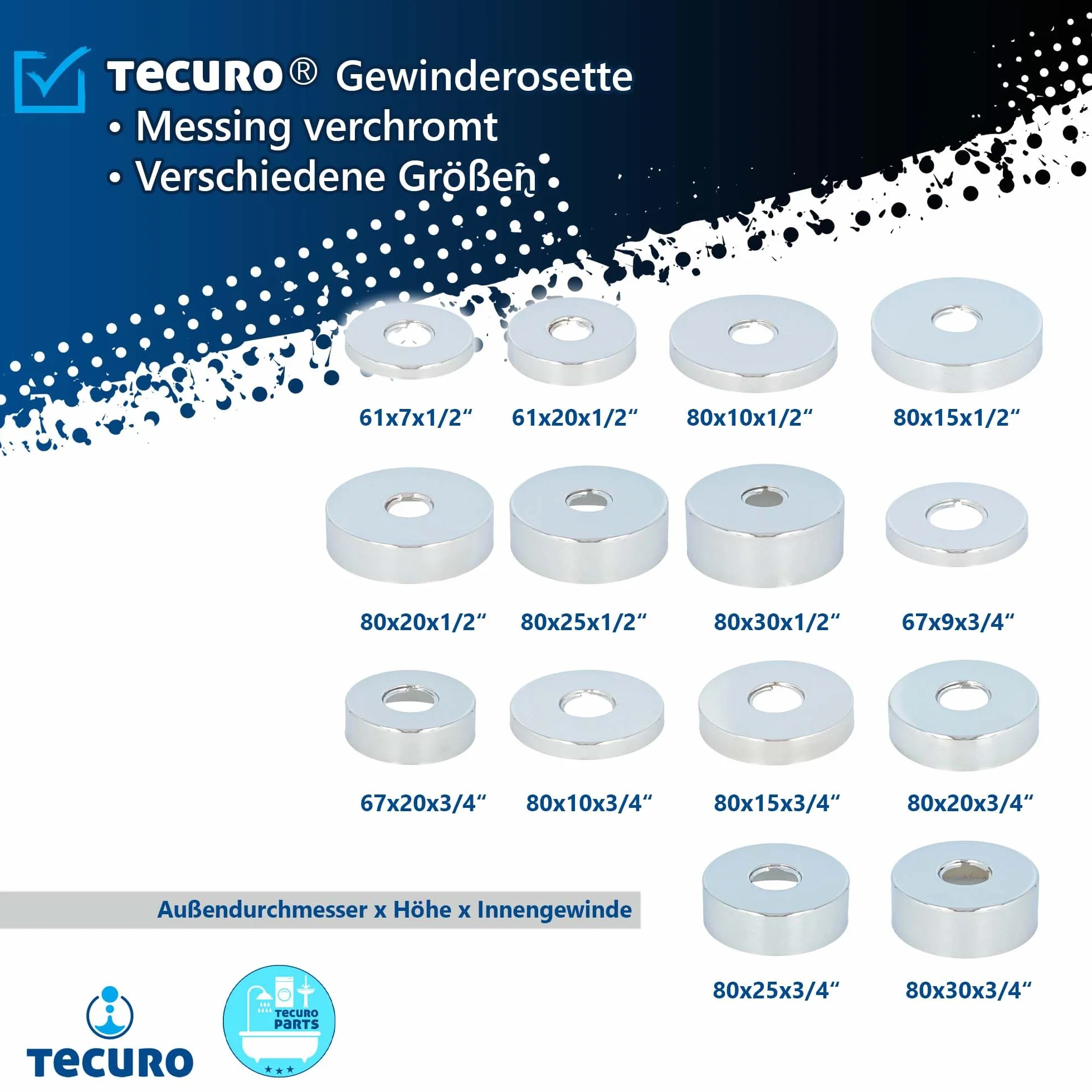 tecuro Gniazdo gwintowane (3/4) Ø 27 mm x Ø 80 mm x wysokość 25 mm, chromowany mosiądz