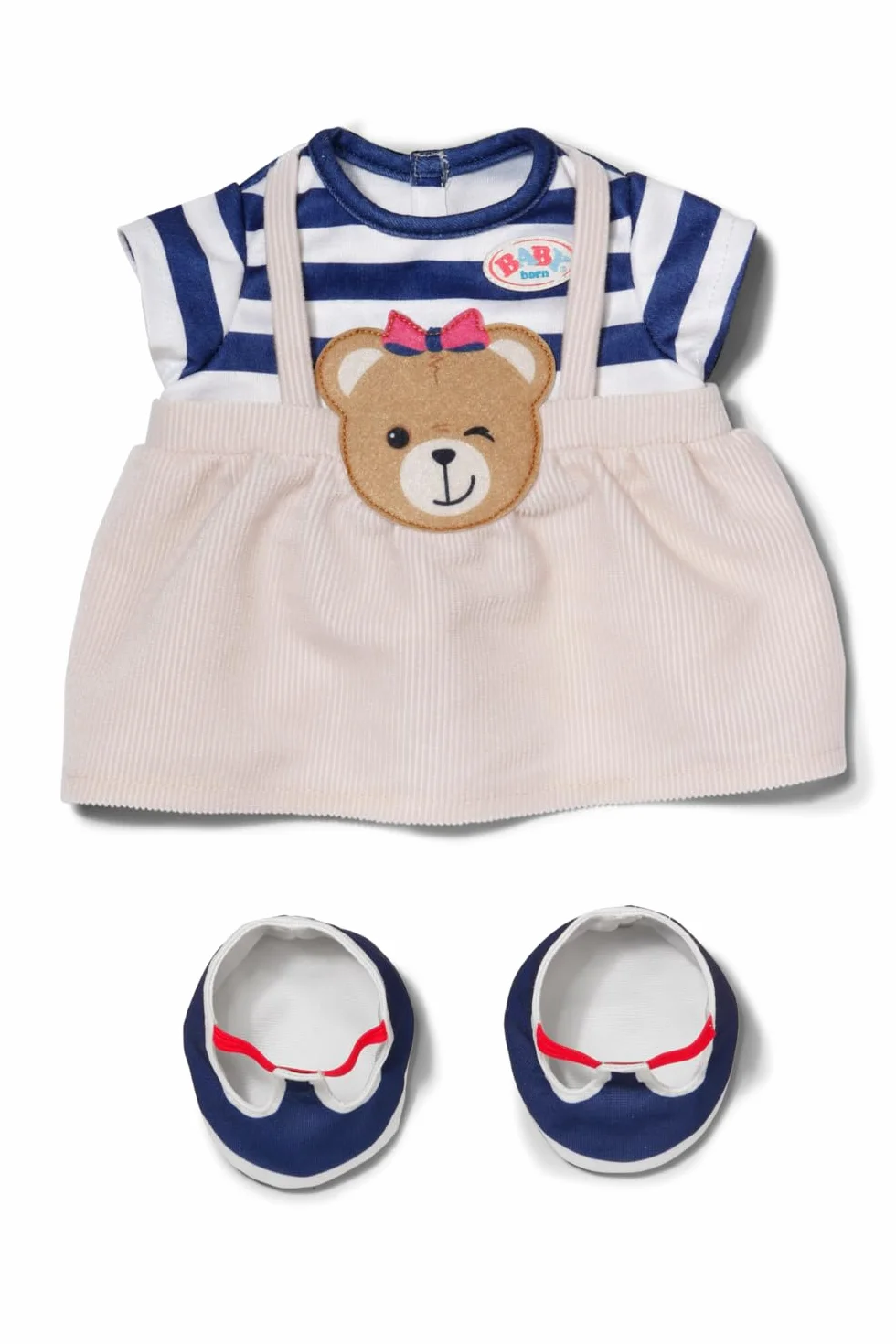 BABY born Teddy Sukienka w paski z aplikacją misia i dopasowanymi butami - dla lalek 43 cm - 3 lata
