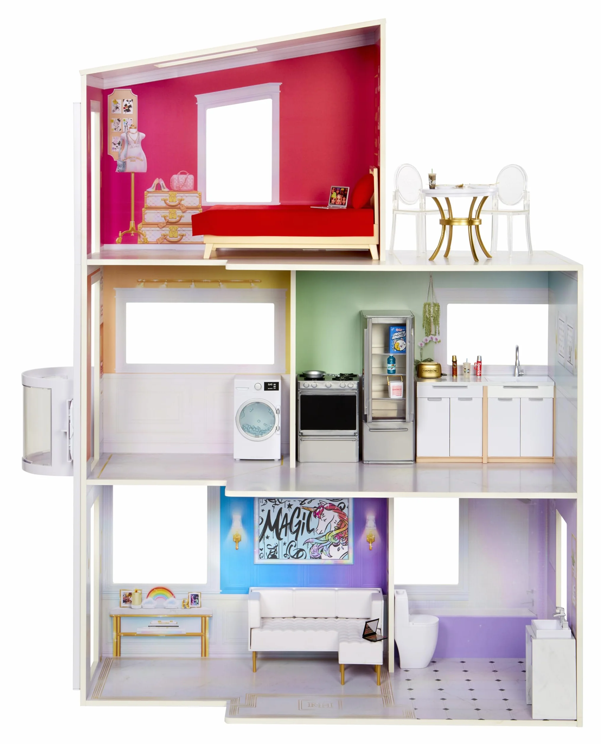 Rainbow High Townhouse - 3-Piętrowy Drewniany Domek dla Lalek z 5 Kolorowymi Pokojami i Patio na Dachu - w Pełni Umeblowany Dom Mody z Windą i Akcesoriami do Zabawy - dla Dzieci od 4 do 12 Lat