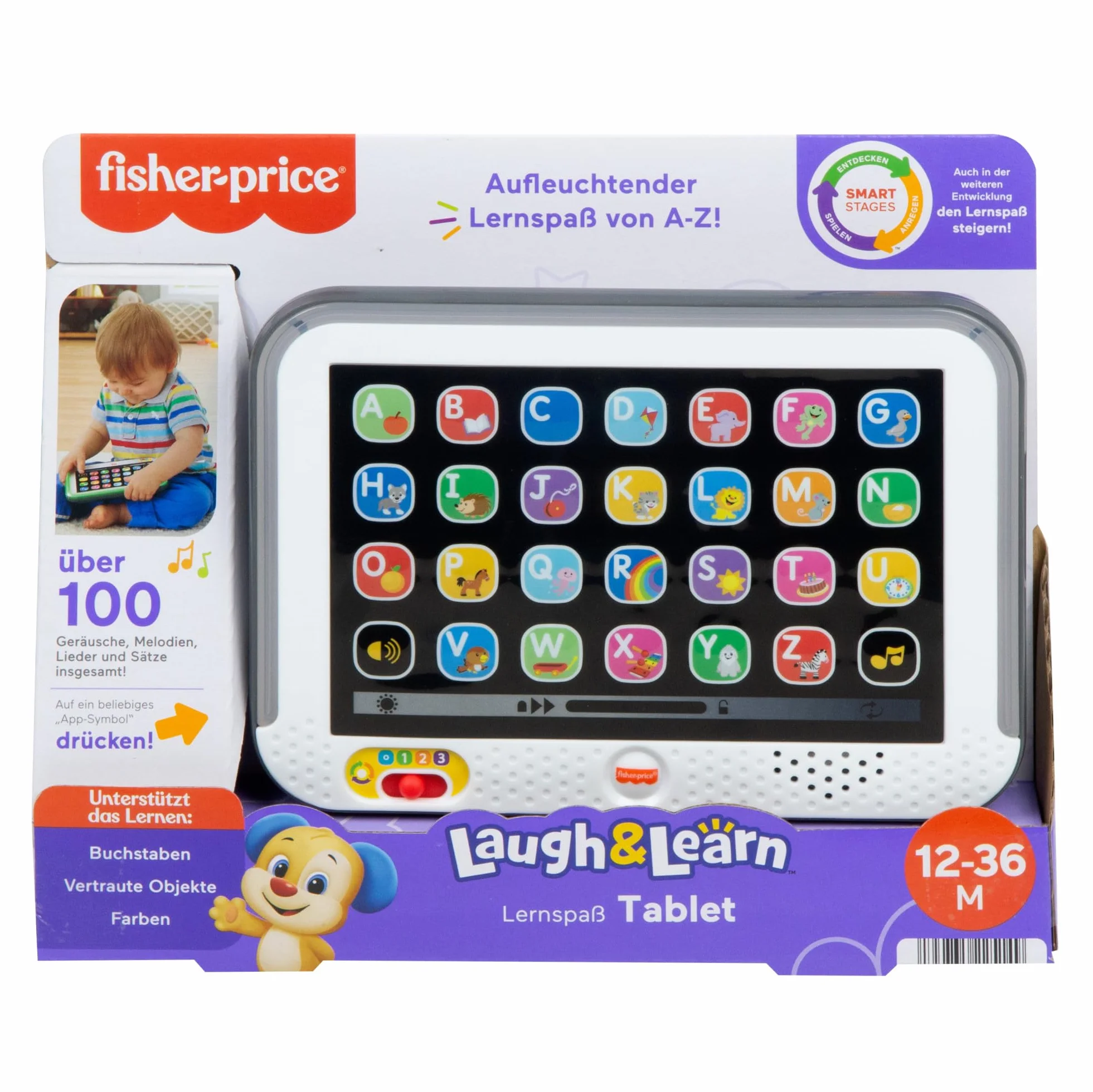 Fisher-Price Zabawka edukacyjna dla małych dzieci, atrapa komputera Smart Stages z muzyką i funkcją świecenia, dla dzieci od 1 roku życia, wersja niemiecka, HXB66