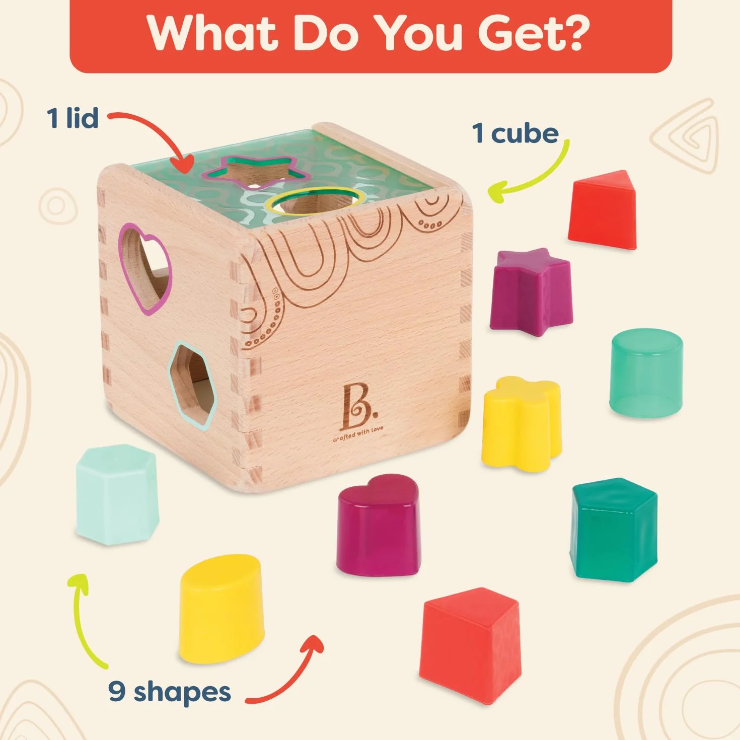 B. Toys by Battat BX1763Z Wonder Sortowanie Zabawka - Drewniany sorter kształtów Kostka aktywności dla małych dzieci