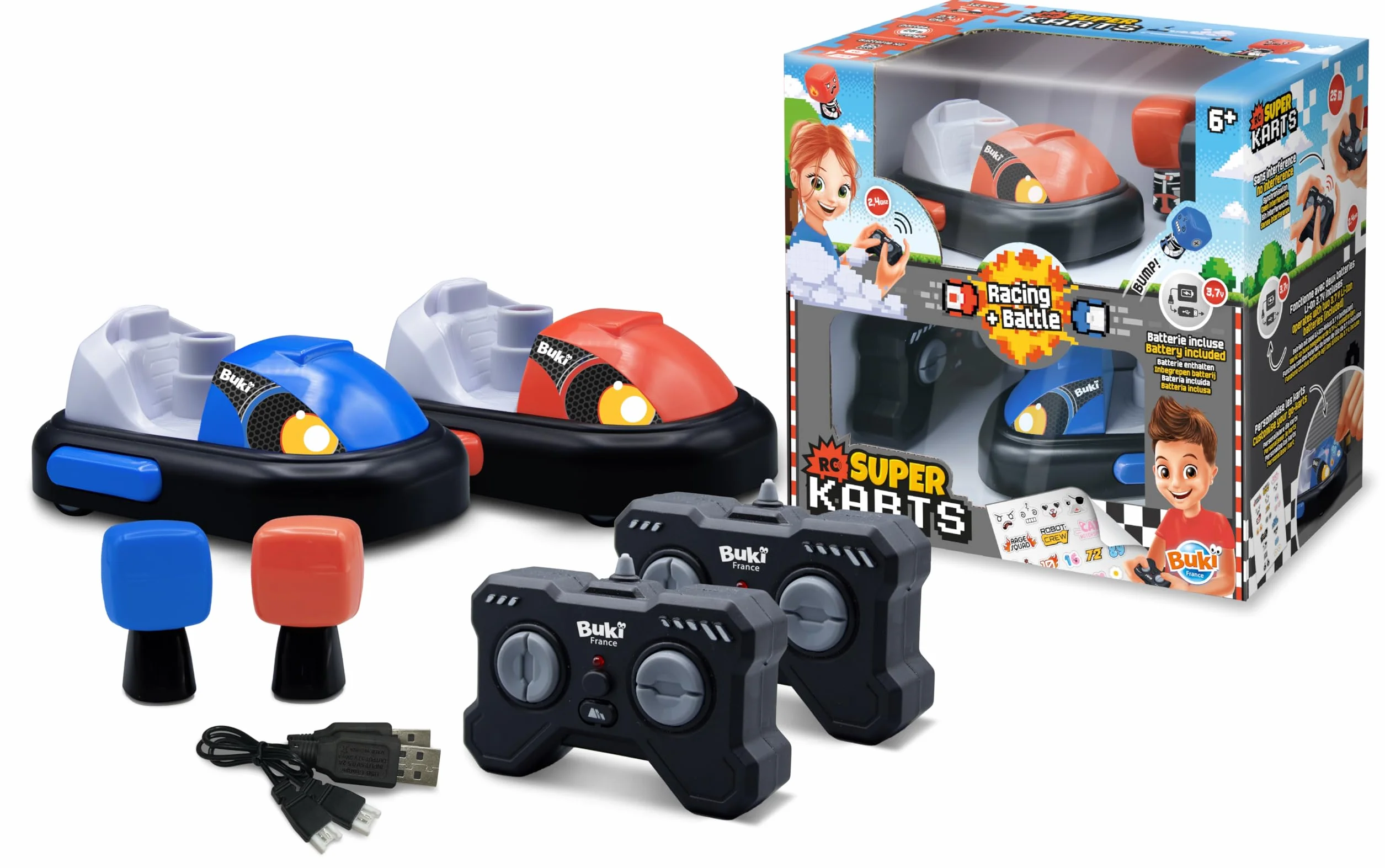 Zdalnie sterowane Super Gokarty - Zestaw 2 samochodów RC z trybami wyścigów i bitwy - Gokarty z możliwością ładowania USB + naklejki z możliwością personalizacji - zabawka dla dzieci 6 lat + - 37296