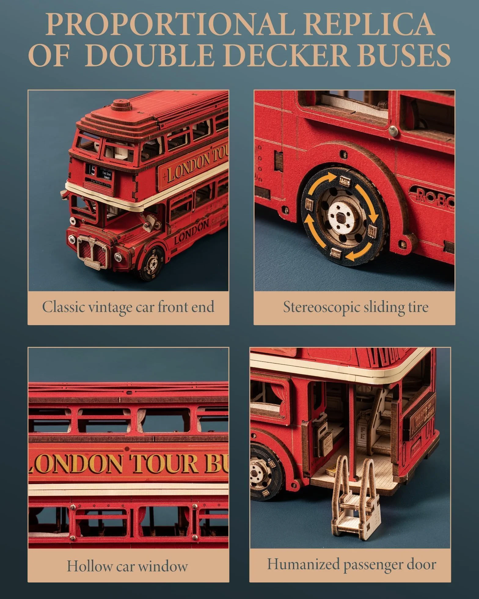 ROWOOD Drewniane puzzle 3D London Tourbus, kreatywny zestaw modelarski dla dorosłych do budowania