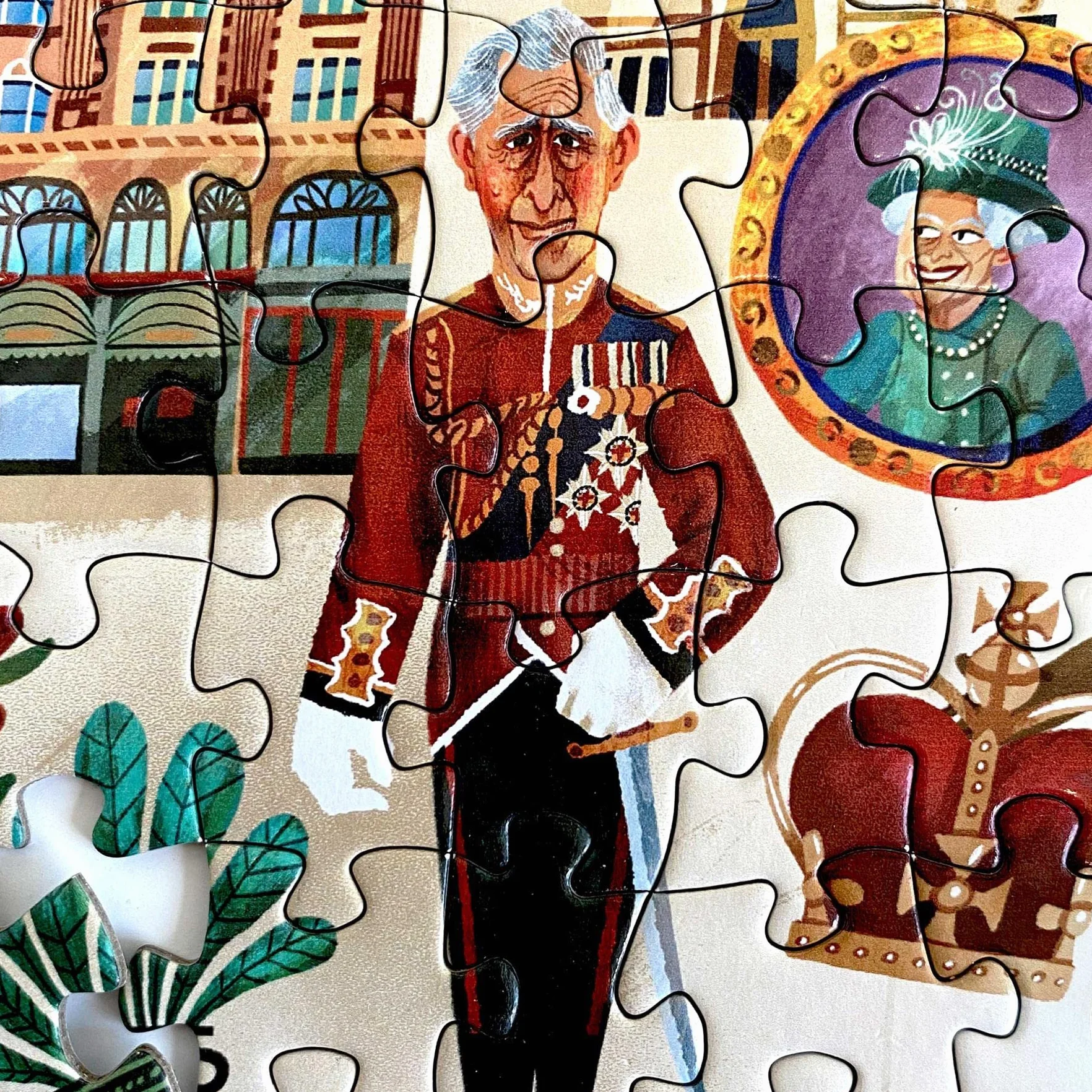 Londyn puzzle 1000 elementów, ilustrowana scena miejska z królową Elżbietą II i królem Karolem III, puzzle dla dorosłych i dzieci, karta w 100% z recyklingu, autorstwa Bopster