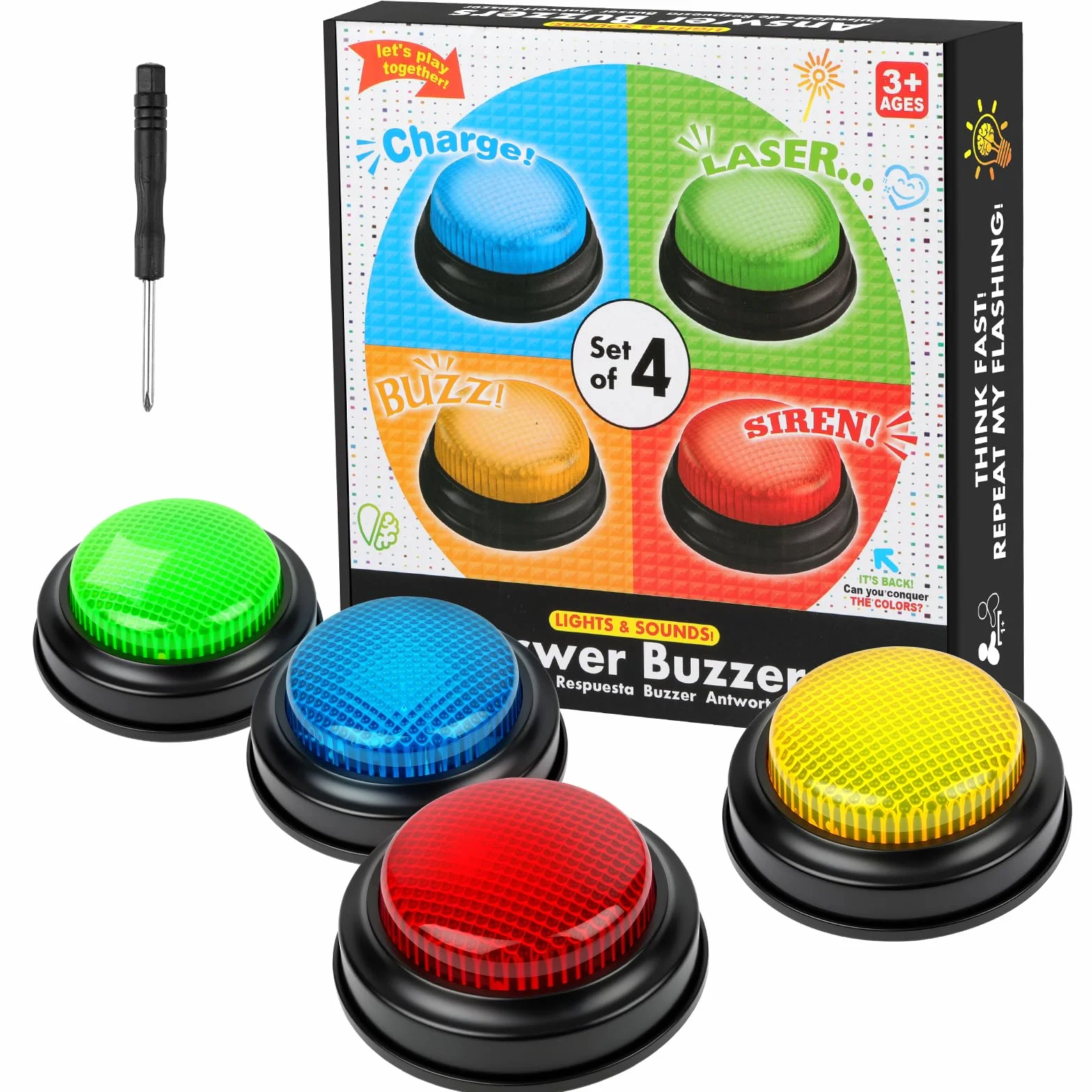 Zestaw 4 brzęczyków do gier quizowych, brzęczyków do odpowiedzi w klasach, brzęczyków do gry w „Family Feud Jeopardy”, brzęczyków do teleturniejów ze światłami i zabawnymi efektami dźwiękowymi