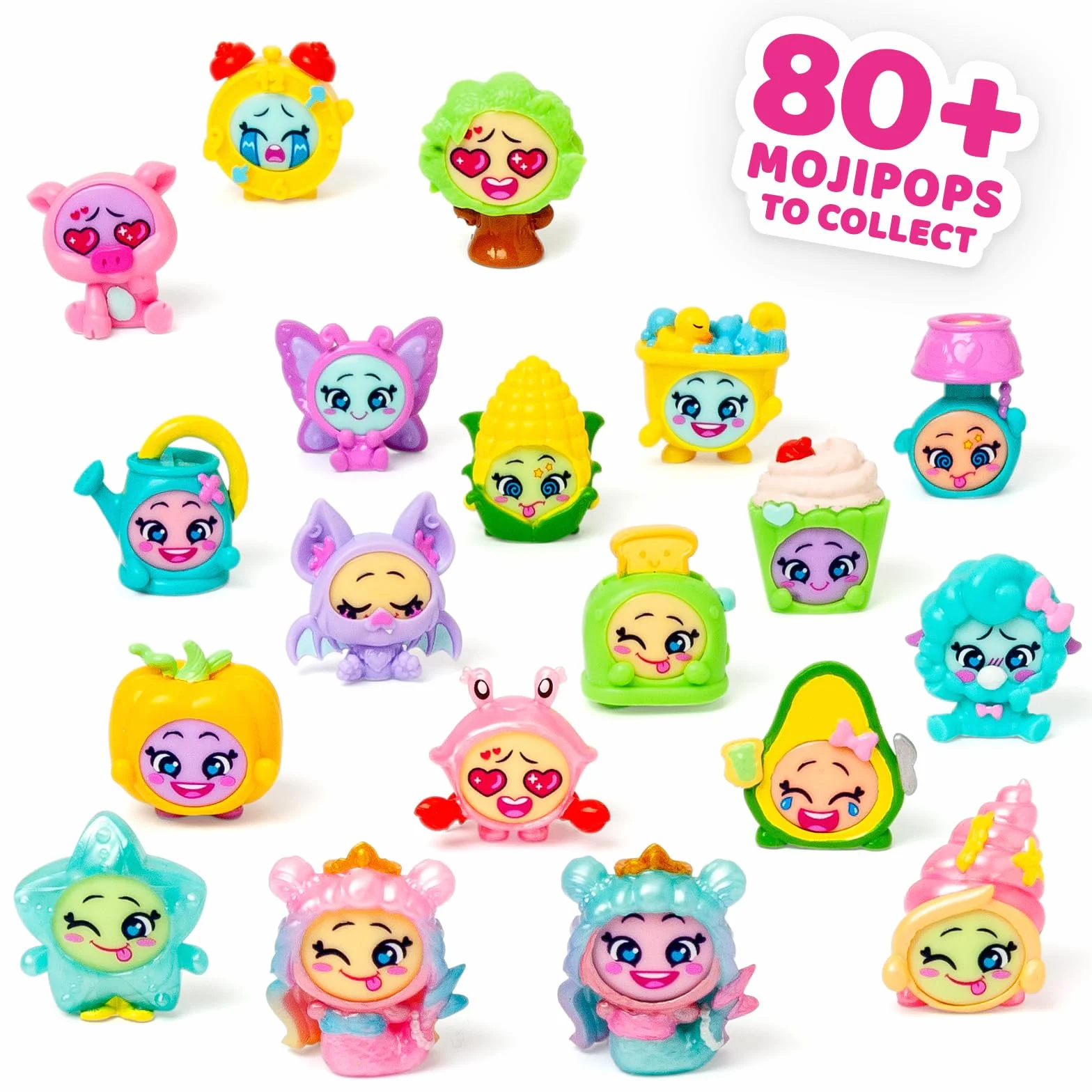 MOJI POPS Pearl Series - One Pack. Pudełko z 24 kopertami niespodzianek z figurkami kolekcjonerskimi z dwustronnymi buźkami. Każda koperta zawiera 1 niespodziankę Mojipop i 1 listę kontrolną
