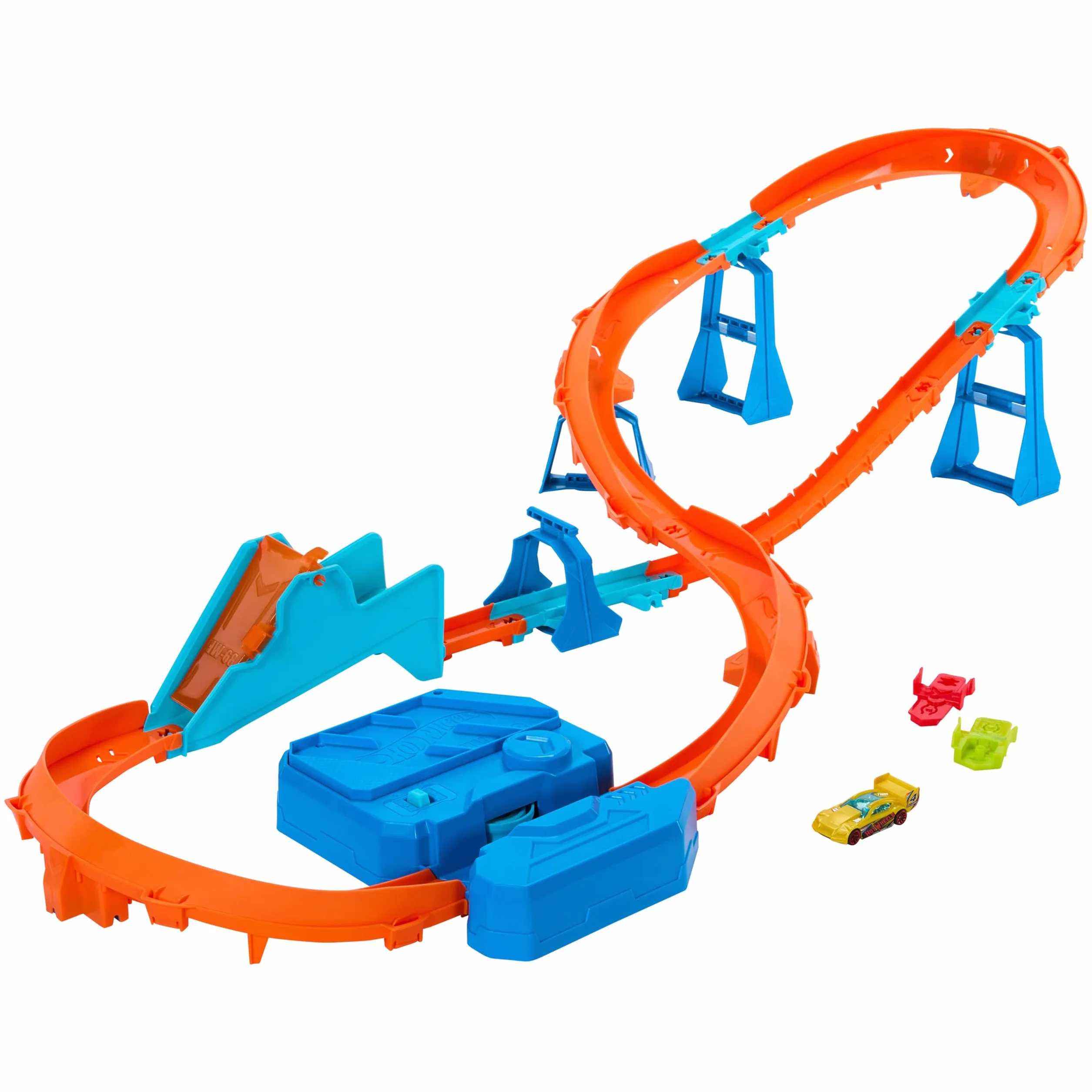 Hot Wheels Track Creator Tor wyścigowy Super skok Zestaw deluxe z przyspieszaczem z napędem + samochód 1:64, JDB49